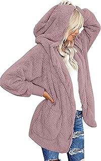 Womens Fuzzy Jacket Hooded Cardigan Open Front Sherpa Coat Outwear with ...