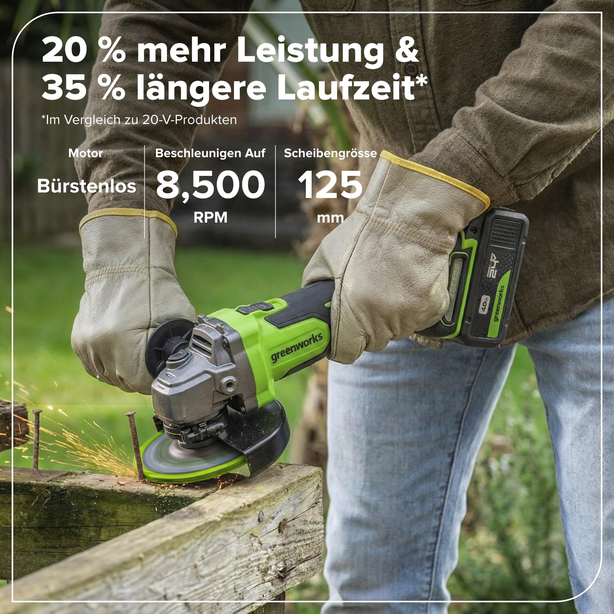 Greenworks Akumulatorowa szlifierka kątowa 24 V 125 mm ostrze tarczowe, 8500 obr./min, 700 W, silnik bezszczotkowy, leworęczny lub praworęczny bez baterii i ładowarki AG370