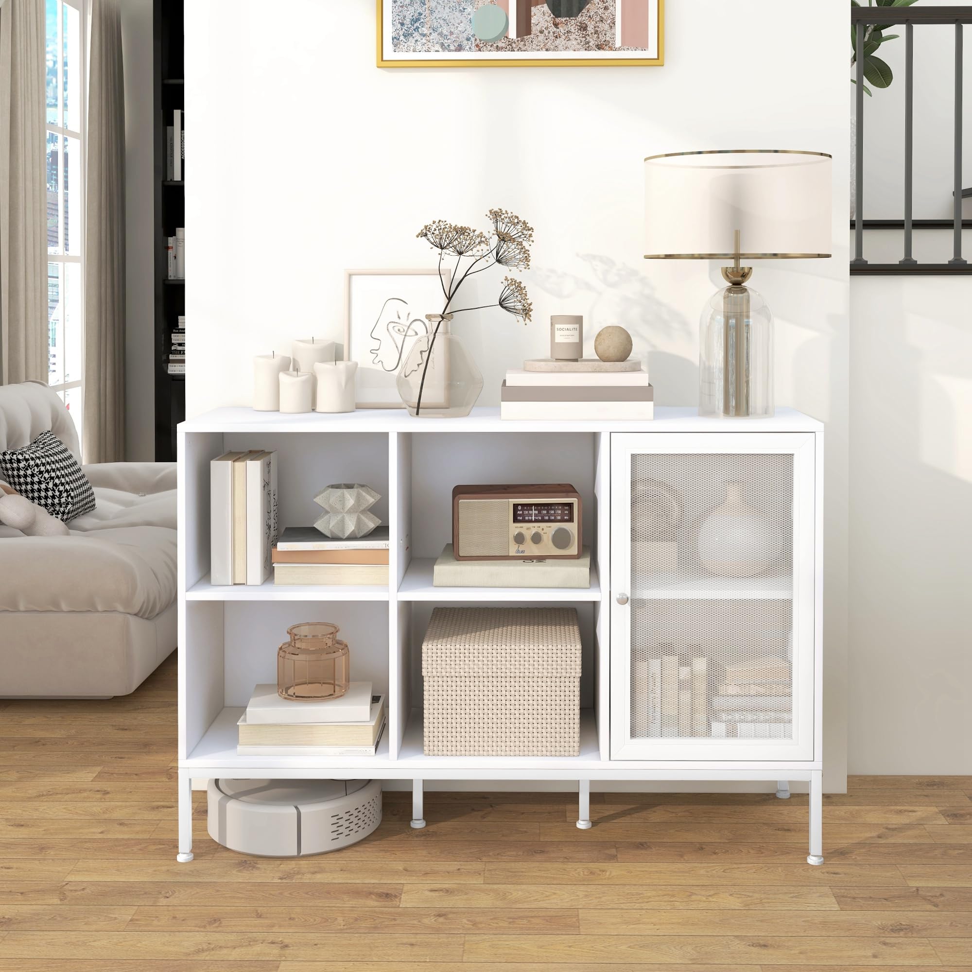 HOMCOM Aparador de Cocina Mueble Aparador con Puerta de Malla 4 Compartimentos Abiertos y Estante Ajustable Mueble de Cocina Moderno Bueffet para Salón Comedor 120x37x81,5 cm Blanco