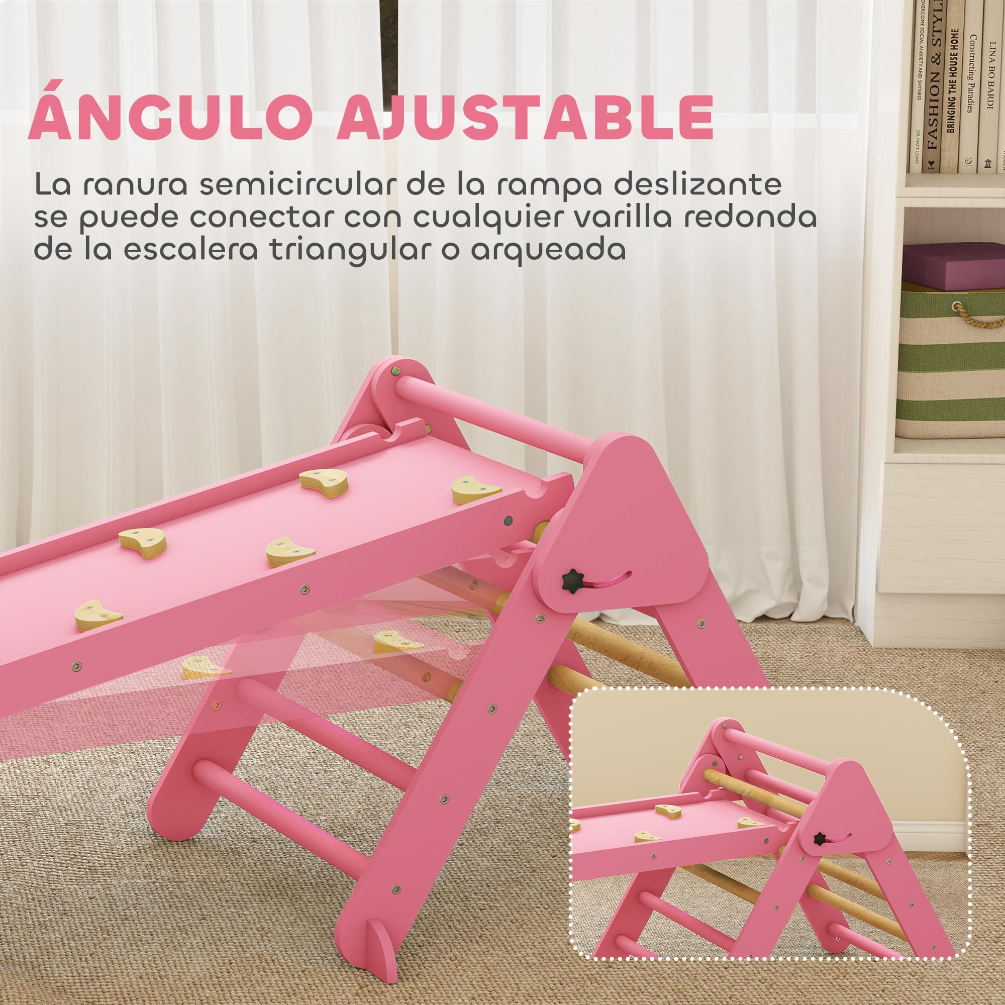 AIYAPLAY 7 en 1 Triángulo de Escalada Montessori con Arco y Rampa, Escalada para Niños de Madera Plegable, para 18-48 Meses, para Deslizarse o Escalar, 188x70 cm, Rosa