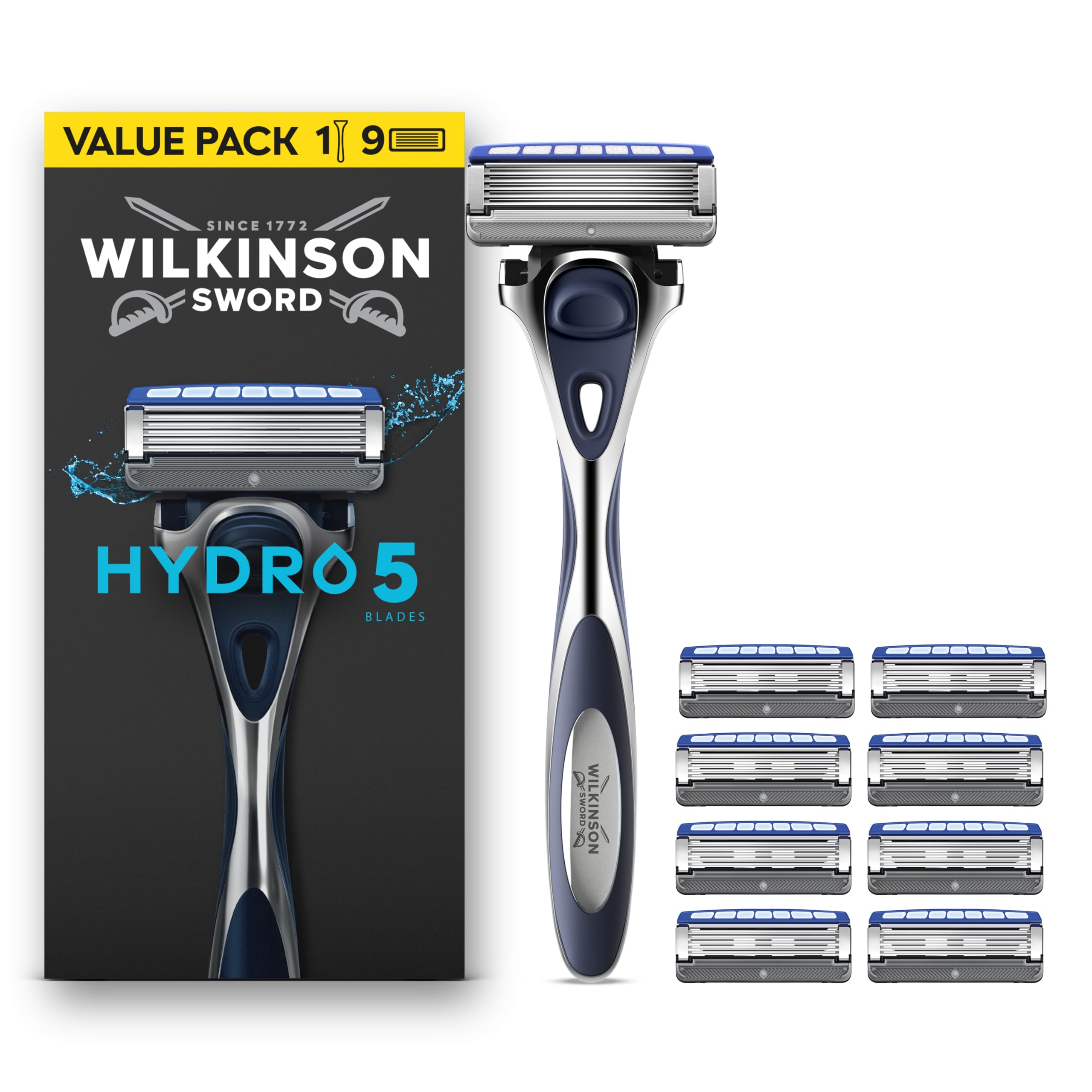 Wilkinson Sword Hydro 5 Razors for Men, Value Pack, Skin Hydration, Carbon Coated Blades, Men’s Razor Shaver Handle plus 9 Blade Refills