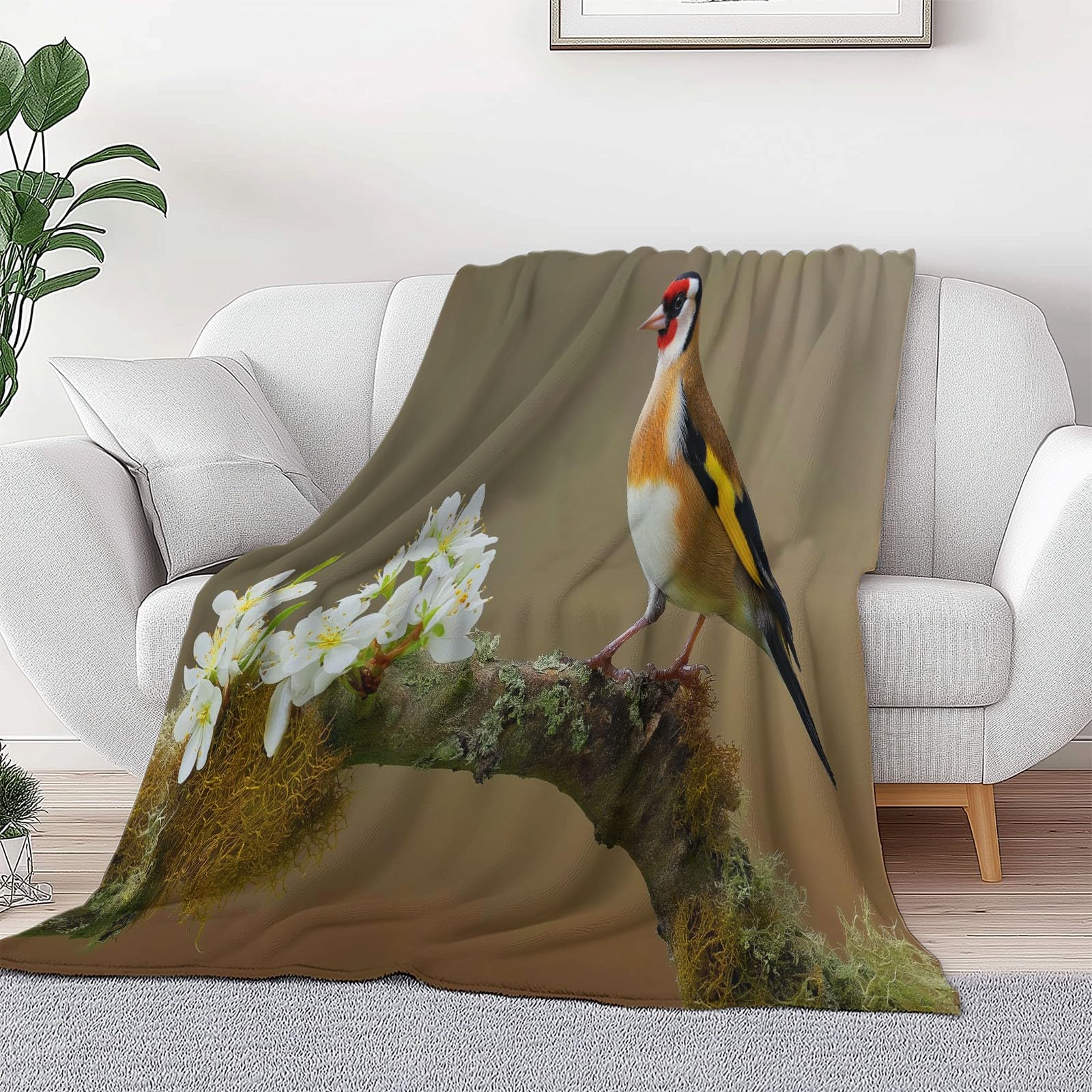 Vintage gałąź kwiaty ptak nadruk narzuta koc dla dzieci, realistyczna ilustracja miękki przytulny puszysty koc flanelowy dla dziewcząt - 220 x 240 cm ciepła pościel dla nastolatek sofa kanapa prezent