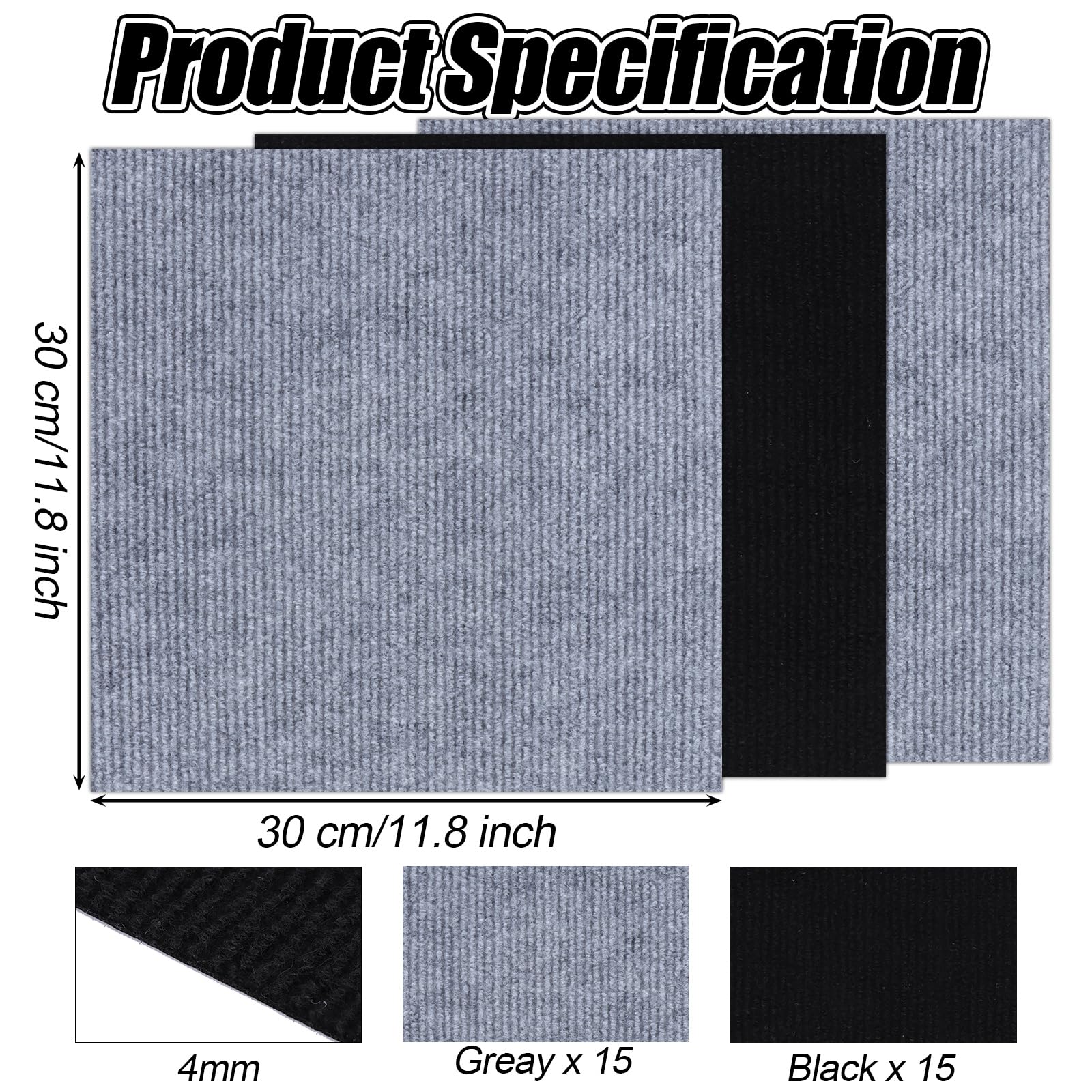 Selbstklebende Teppichfliesen, 30 Stück, Grau und Schwarz, 30 x 30 cm, rutschfest, strapazierfähig, quadratisch, zum Abdecken von Flecken, für Büro, Wohnzimmer, Schlafzimmer