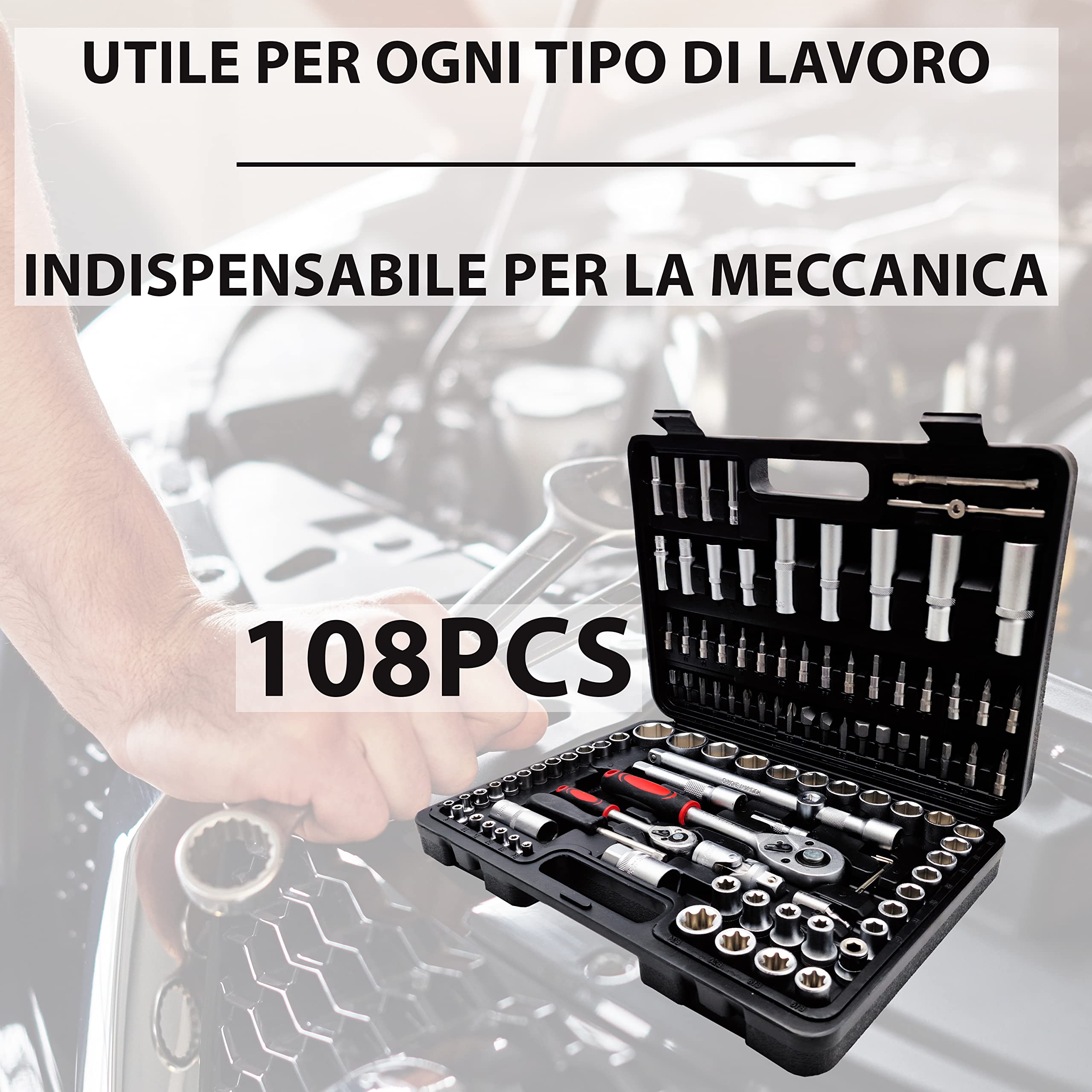 MAKA Valigetta Porta Attrezzi a Bussola Esagonali Professionale 108 Cricchetto Reversibile Pezzi Chiavi Inserti Avvitatori a Snodo Acciaio al Cromo Vanadio Punta Adattatore (108 Pezzi)