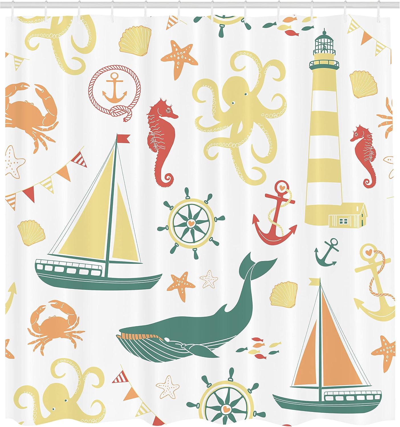 Ambesonne Nautical Shower Curtain, Pastel Colored Composition of Lighthouse Sailboat Fish Shells Octopus, Cloth Fabric Bathroom Decor Set with Hooks, 69" W x 70" L, Cream Blue