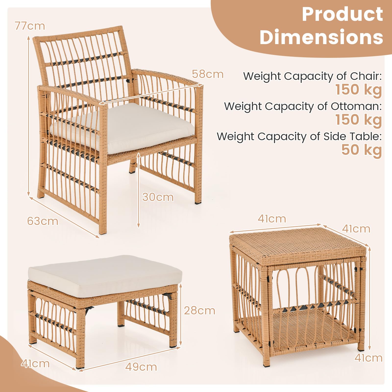FANTASK 5 TLG. Rattan Balkonset, Gartenmöbel Set inkl. 2 Stühle mit Kissen, Hocker & Tisch, Gartenmöbel Set, Gartengarnitur, Sitzgruppe, Balkonmöbel für Garten, Balkon, Terrasse