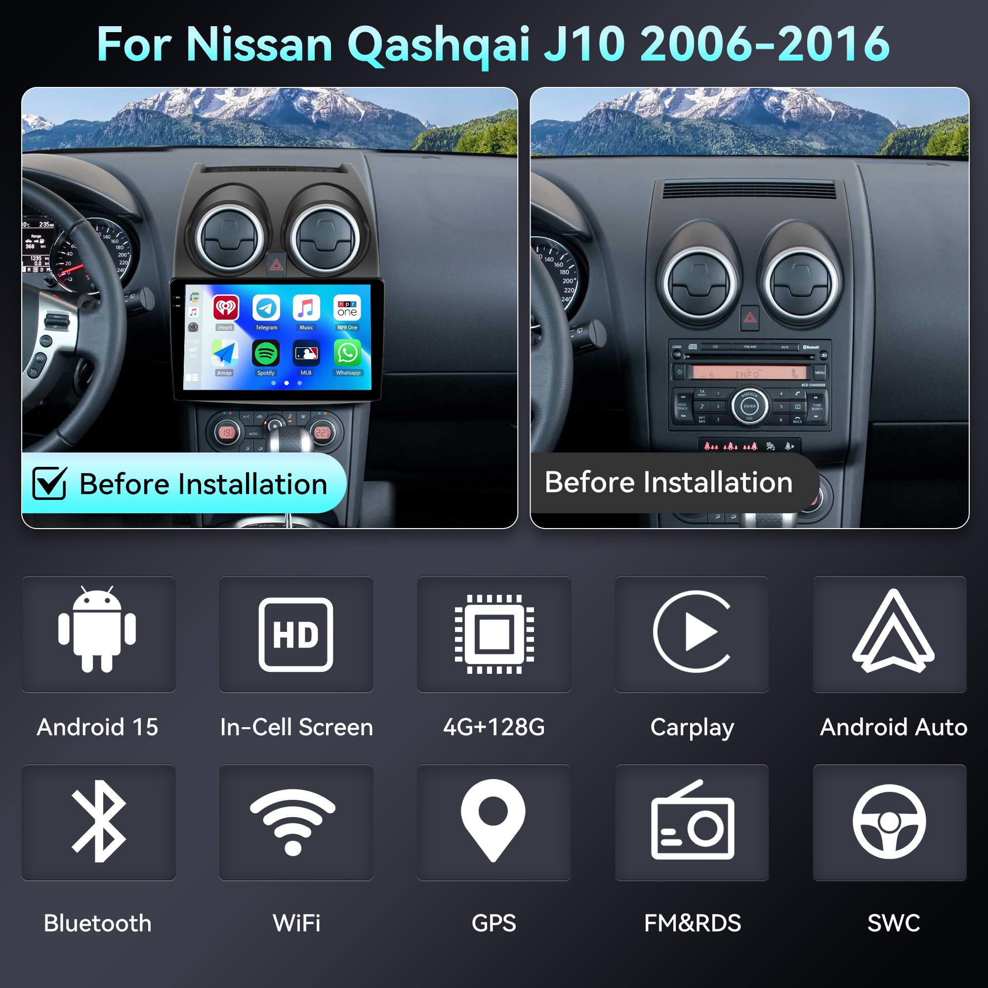 SIXWIN 4+128G Android 15 Autoradio pour Nissan Qashqai J10 2006-2016, avec Carplay Android Auto, Écran Tactile 9’’ Poste Radio Voiture avec GPS WiFi Bluetooth 5.0 FM RDS Mirror Link+Caméra de recul