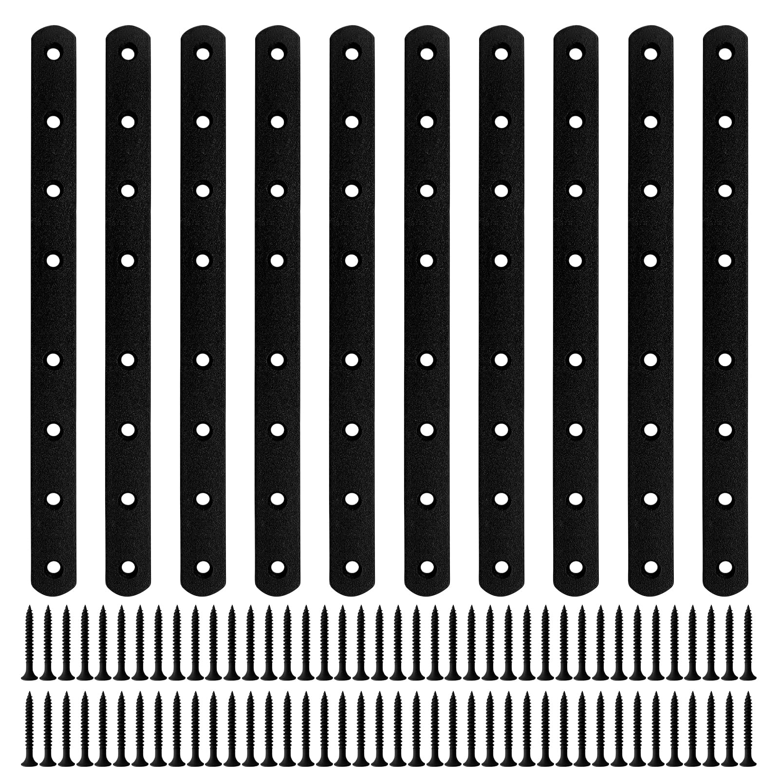 HOUYITOU 10PCS 9.72” x 0.75” Black Straight Flat Brace, Stainless Steel Sturdy Bracket, Metal Strap for Wood Furniture Chair with 80PCS Screws
