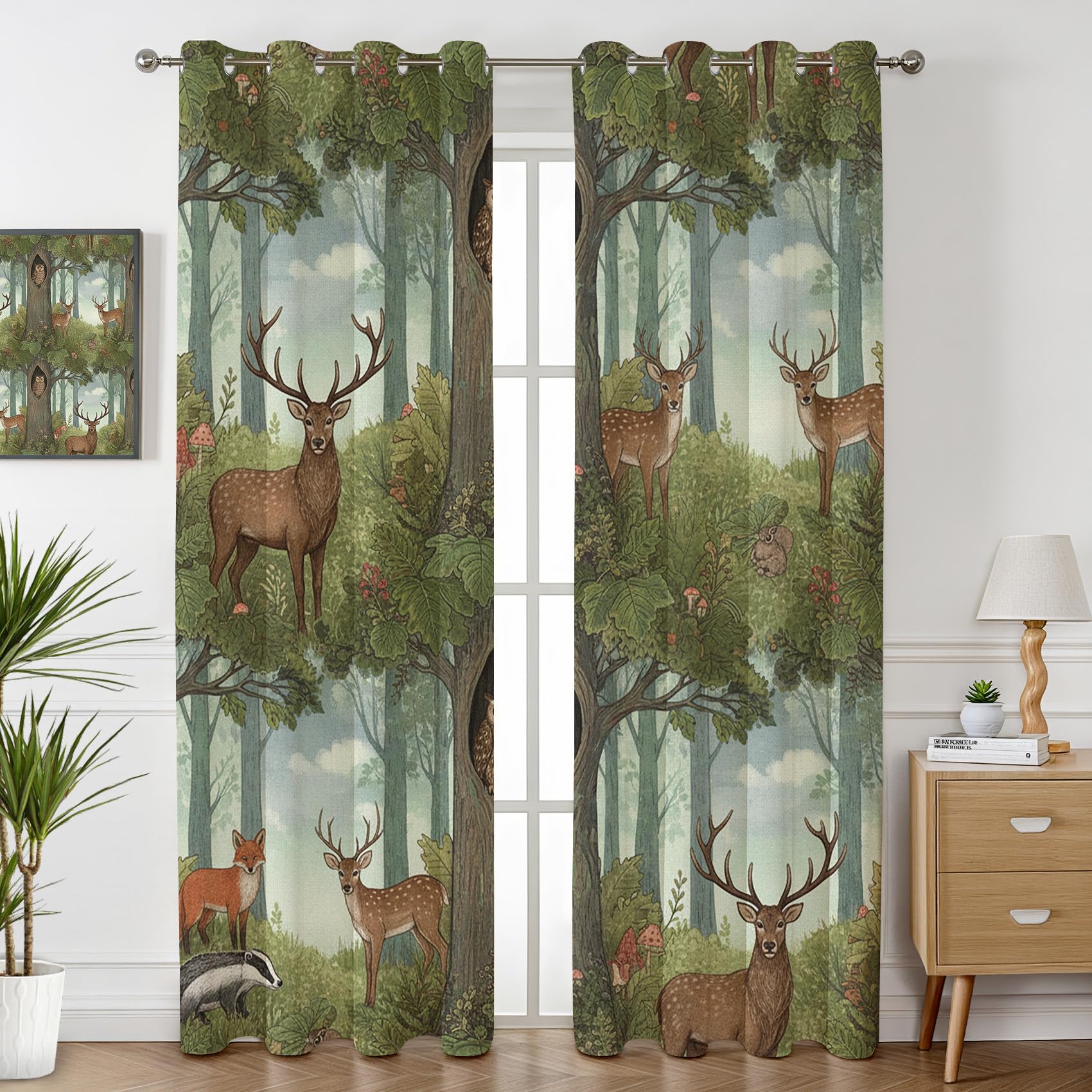 Waldtiere Vorhänge Blickdicht Wohnzimmer Hirsch REH Fuchs Kinderzimmer Vorhang mit ösen Gardinen 137 cm Hoch 2er Set Verdunklungsvorhänge für Schlafzimmer Fenster