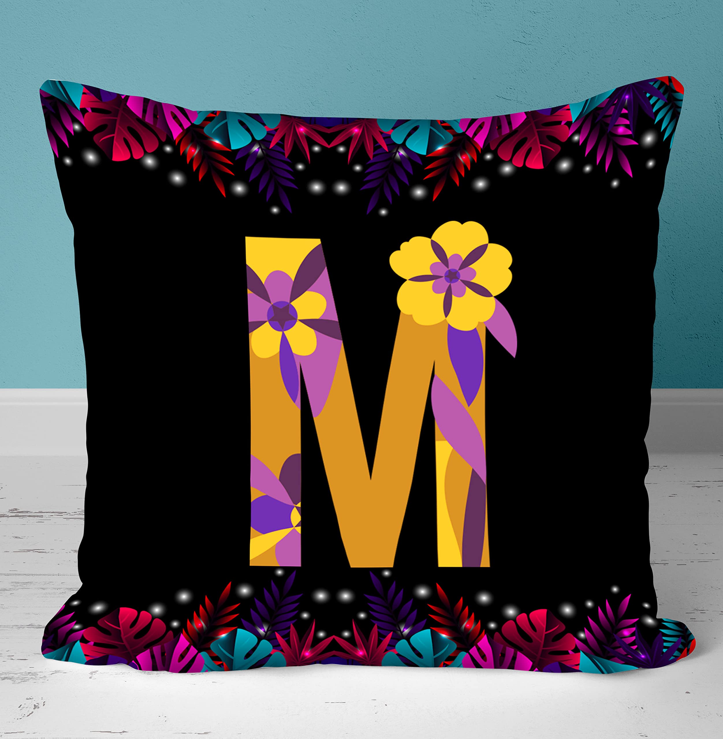 NH10 DESIGNS Colorful Floral Alphabet Letter M Printed Cushion Cover with Filler 12x12 Inch for Girls Boys Friends Love Kids Best Gift for Birthday Initial Letter M Cushions - ABBKCU 45