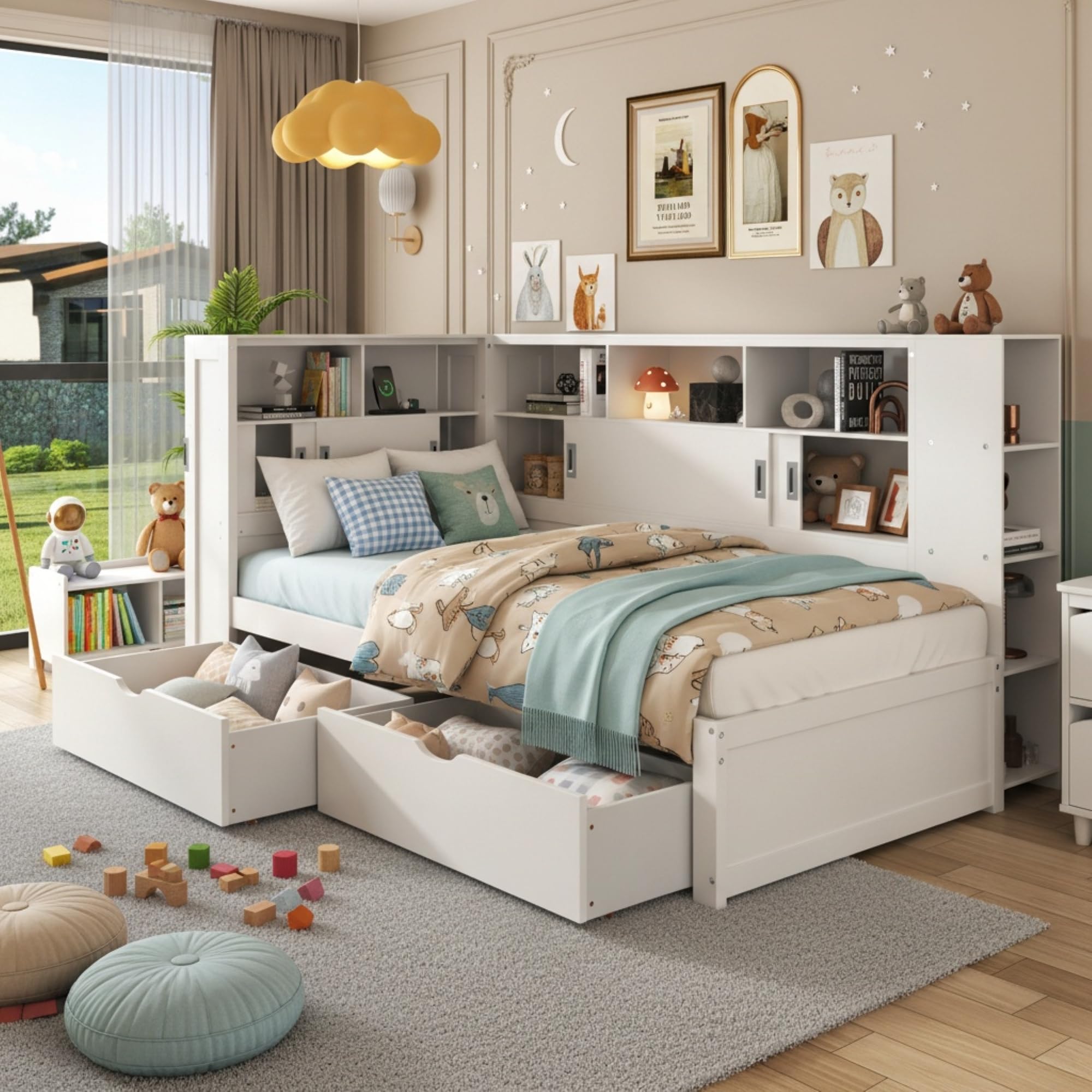 Merax Cabinet Platform bed with trundle & bookcase & USB, Single Wooden Storage Bed for Children Adults, 2 storage drawers, dust-proof cabinet and shelves, 90 x190 cm, White