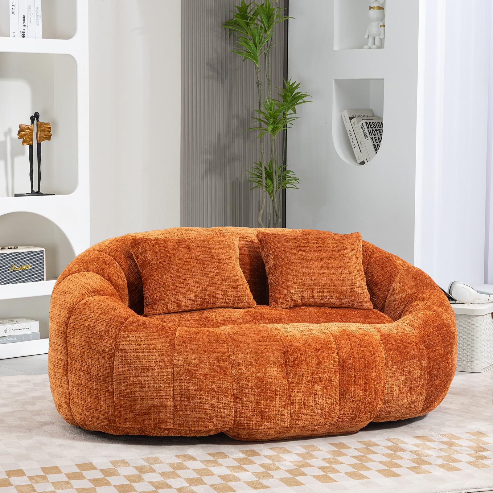 Giant Bean Bag Chair Couch with Foam Filler, Oversized Bean Bag Sofa for Adults,Teens, Comfy Floor Loveseat with 2 Pillows, Lazy Beanbag Lounger for Living Room, Game Room, Office, Chenille Orange
