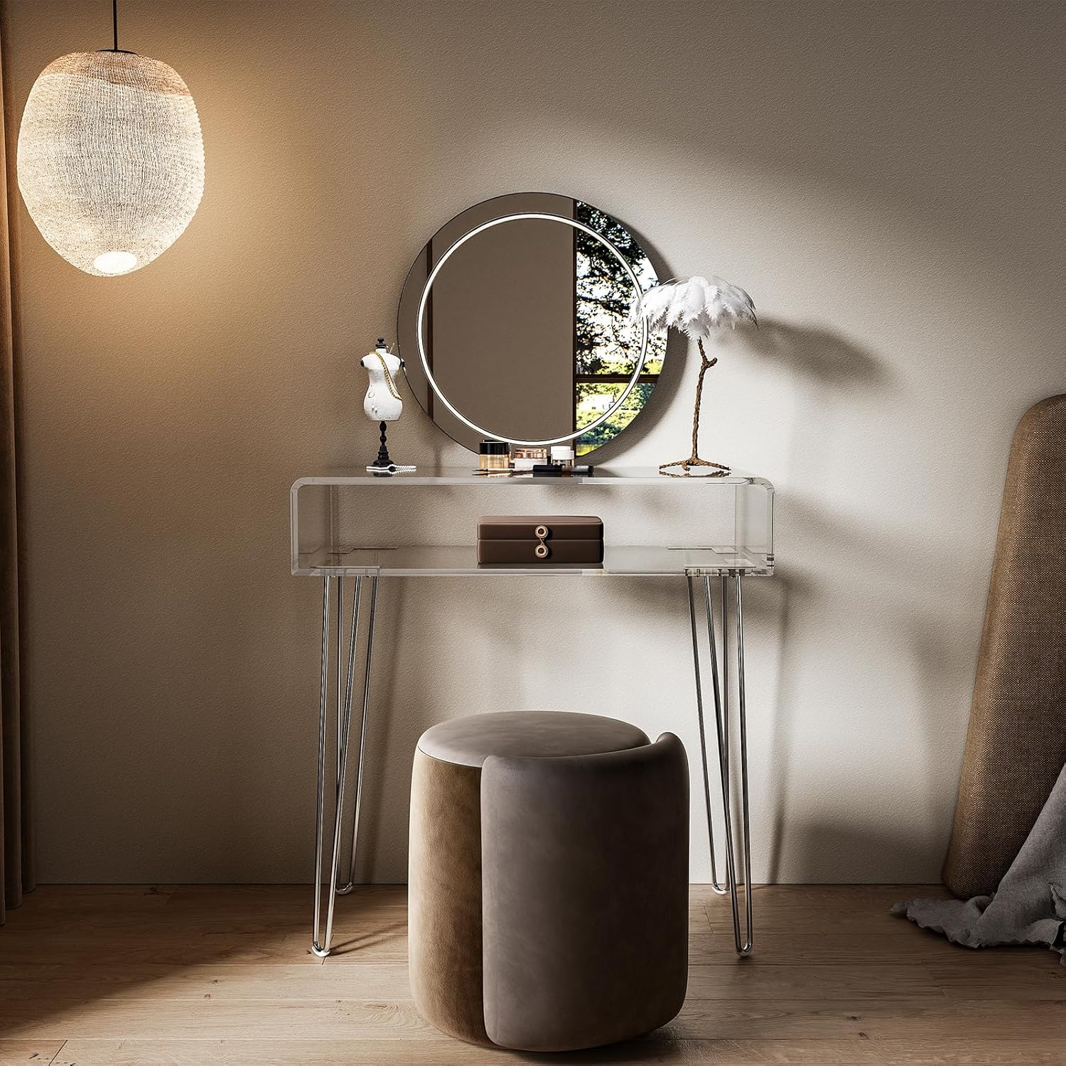 Eglaf Acrylic Vanity Desk - Small Makeup Vanity Table Dressing Table - 31.5'' L x 15.7'' W x 32.1'' H, Large Storage Space, for Bedroom, Dressing Room, Silver Metal Legs