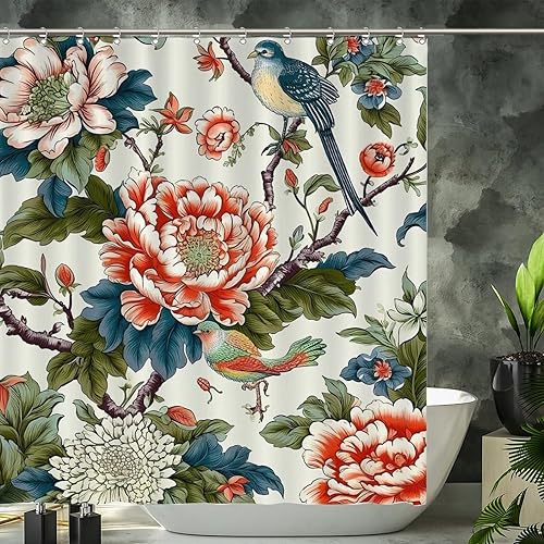 Miniatura 5 de Cortina de ducha impermeable con ganchos de pájaro en árbol de peonía, cortina de baño coral 72 x 80 pulgadas, peonía roja, flor de animal, pájaro,