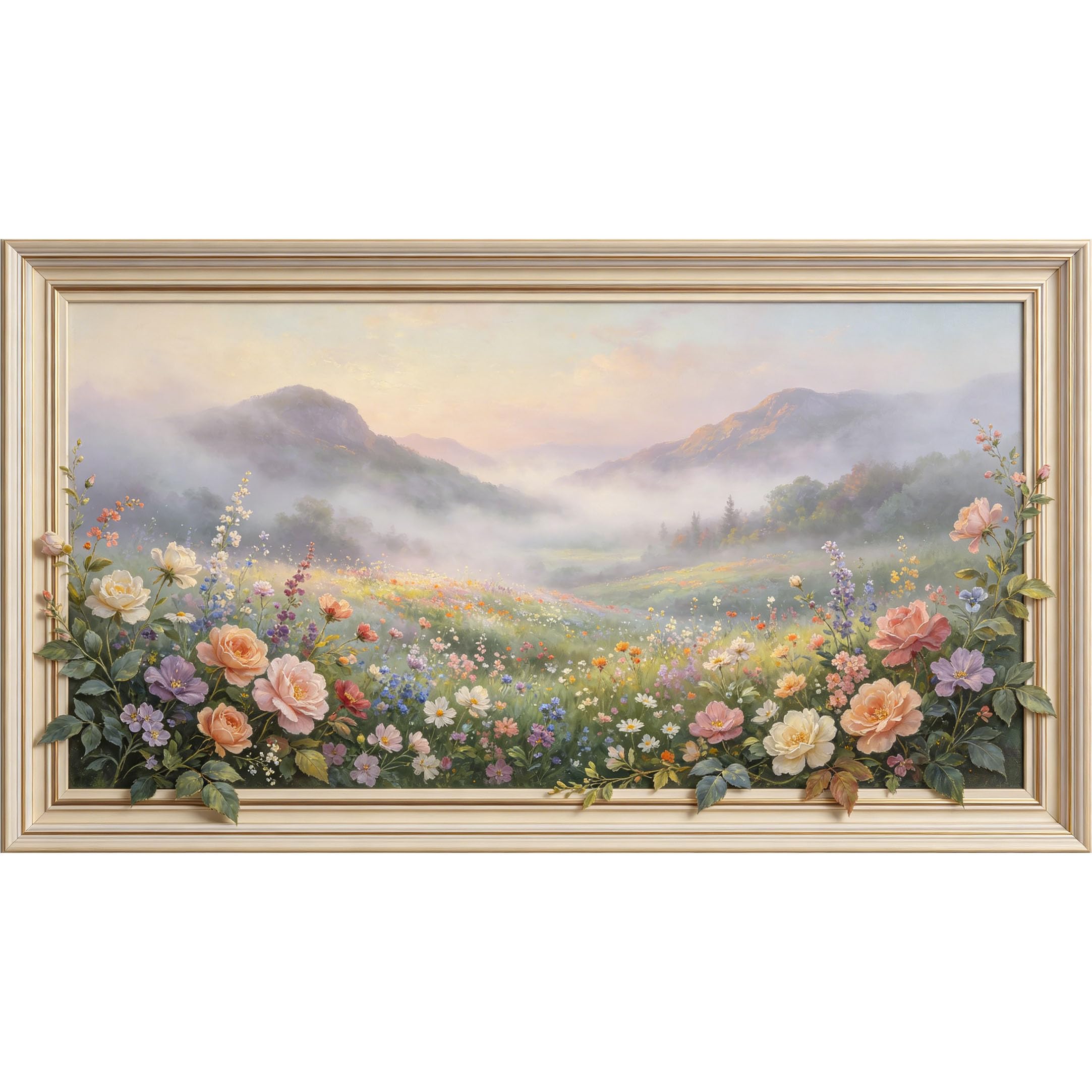 QZLITHOTIC 50×100cm 3D Framed Wall Art， Botanical Mountain Meadow Landscape Self?Adhesive Mural， Water?Activated Peel & Stick Fabric Decor Wall Decal for Bedroom Living Room