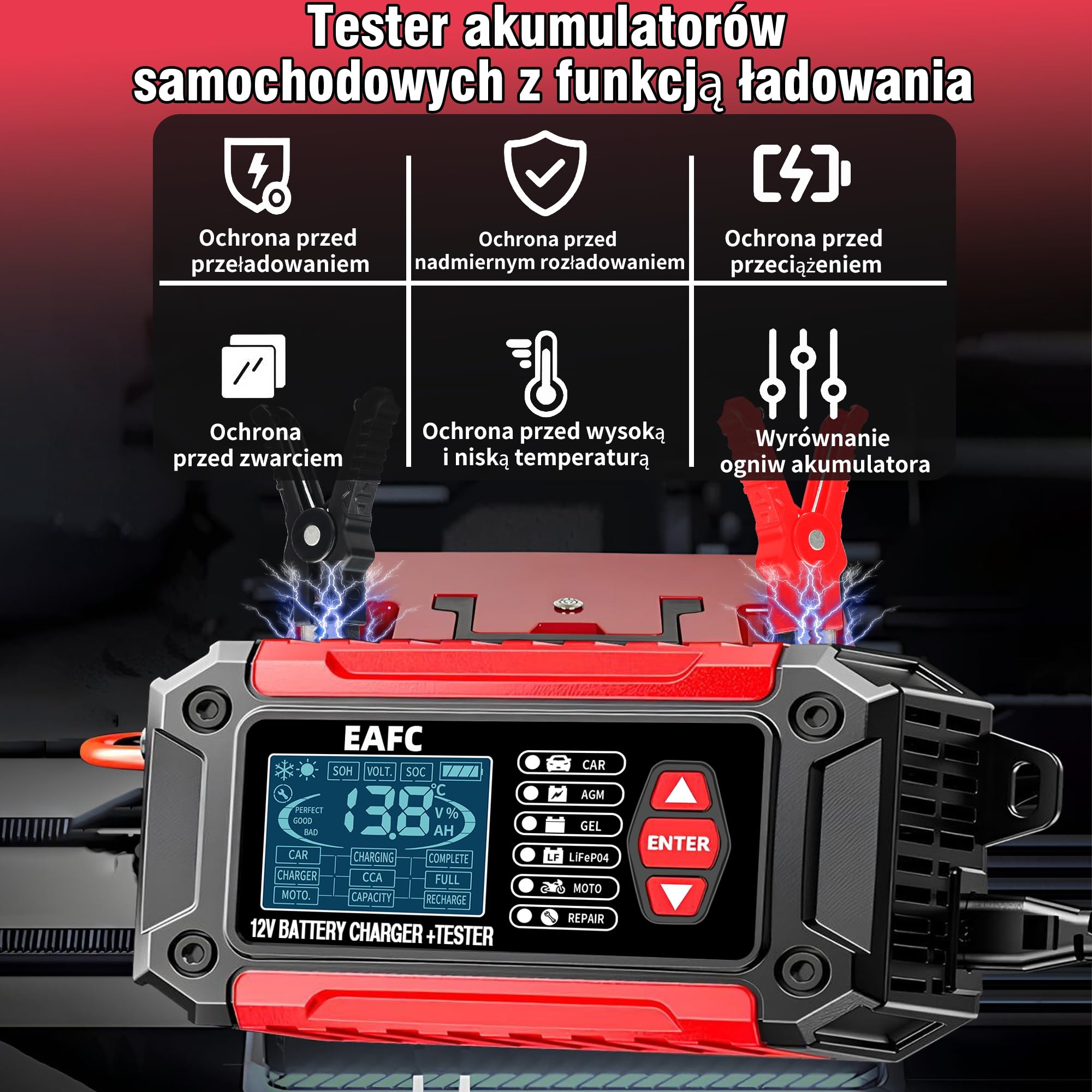 12 V ładowarka do akumulatora samochodowego, 6 A, tester baterii 100 – 2000 CCA 4 – 120 Ah, ładowarka do akumulatorów, analizator, kompatybilna z ołowiem 12 V, AGM, żelem, do samochodu, SUV, motocykla