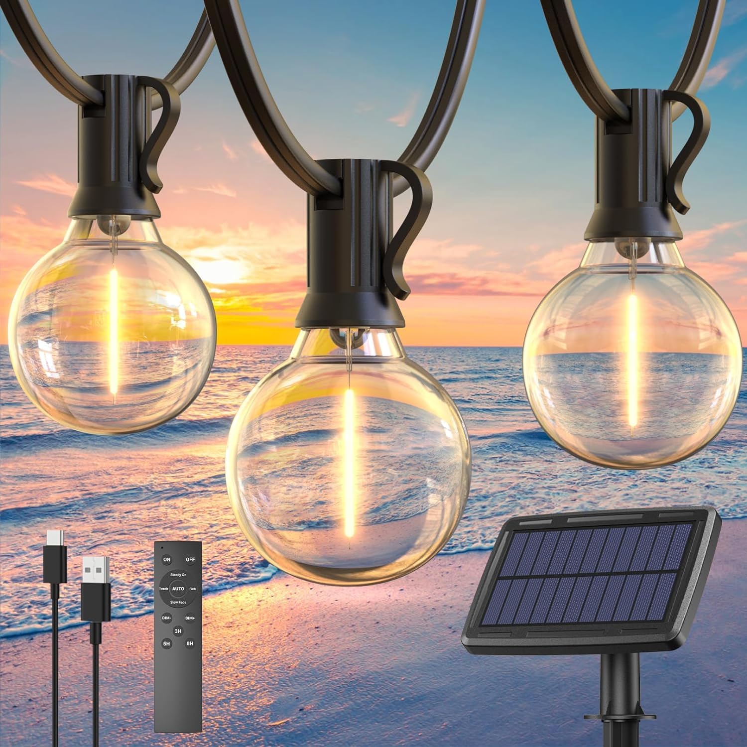 Tacobey Zonne-String Lichten Outdoor Tuin - 10m/32.8Ft 100 LED Zonne Kerst Fee Lichten met 20 Onbreekbare G40 Blubs, USB Opladen, 8 Modi Waterdichte Lichten, Tuindecoratie - Koel Wit
