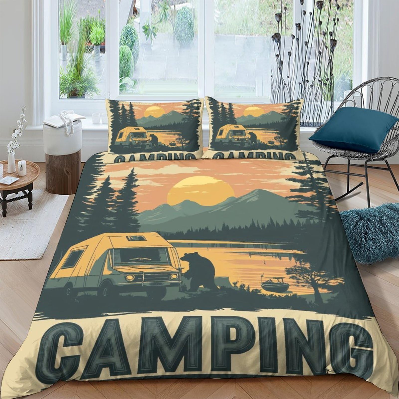 Ctjqhvkz Style-2 3D Printed Camping Sunset Fitted Sheet Microfiber Soft Forest Lake Bed Cover For Bedroom Dorm Mattress Decor Single（135X200cm）