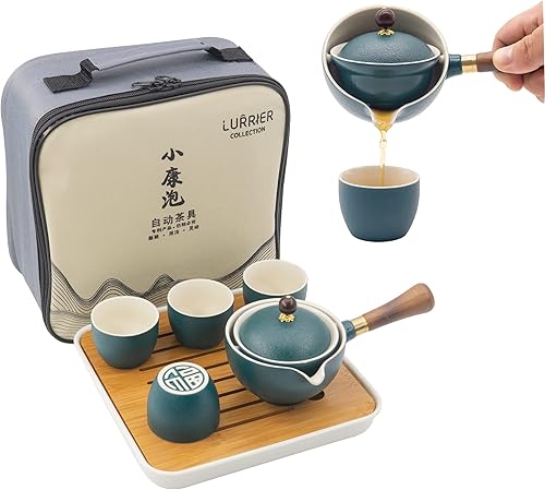 LURRIER Juego de té chino de gongfu de porcelana, juego de tetera portátil con máquina de té de rotación 360 e infusor, bolsa de regalo portátil
