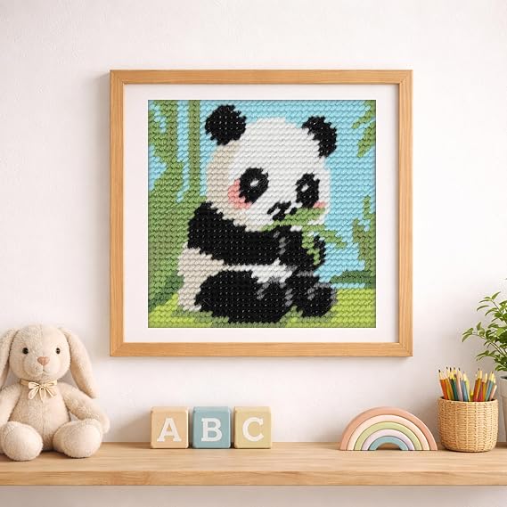 Trimits Half Stitch/Tapestry Kit Panda with Printed Canvas (17 x 17cm), Acrylic Yarns, Plastic Needle, Colour-Coded Chart and Instructions - Cross Stitch Craft Activity