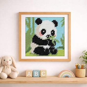 Trimits Half Stitch/Tapestry Kit Panda with Printed Canvas (17 x 17cm), Acrylic Yarns, Plastic Needle, Colour-Coded Chart and Instructions - Cross Stitch Craft Activity