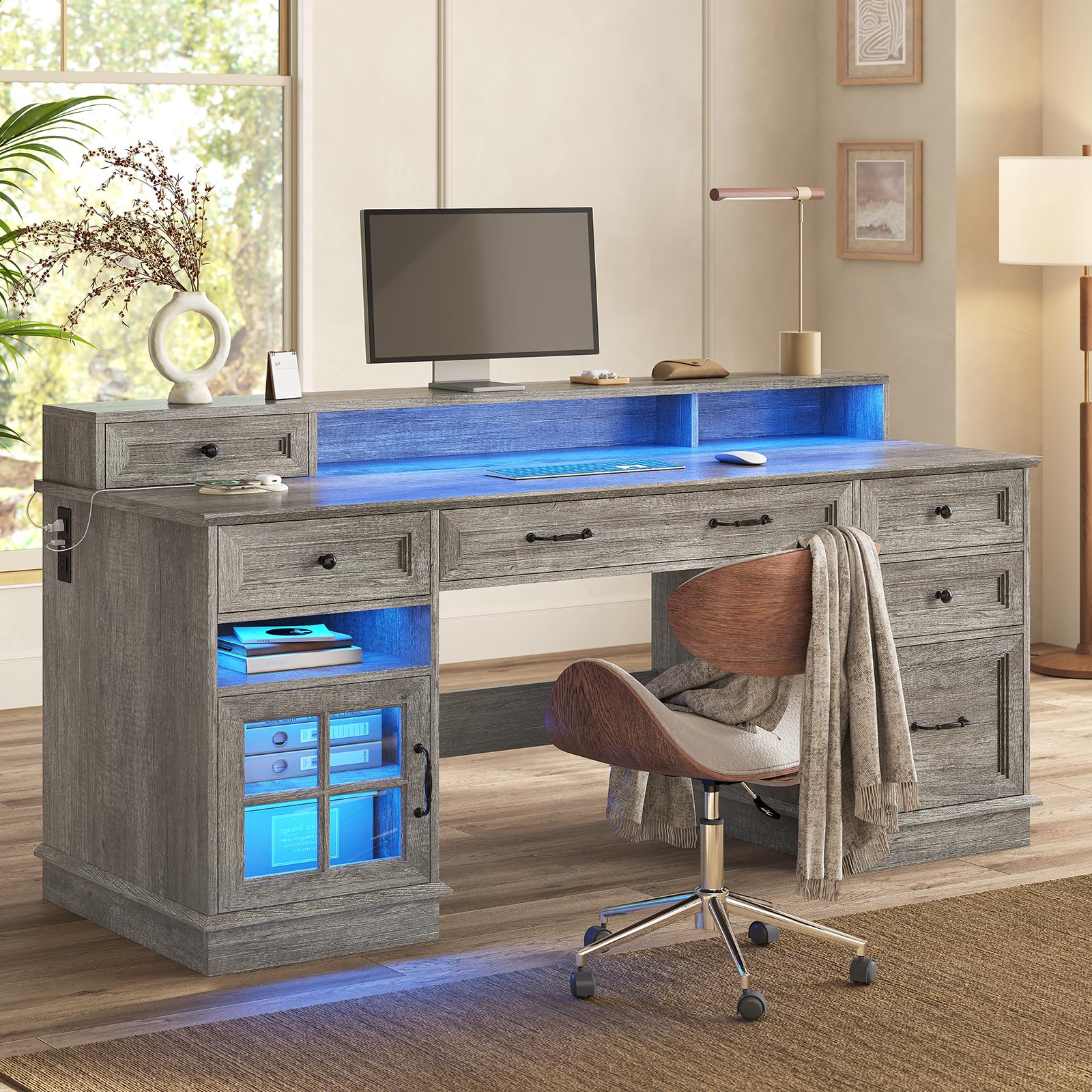 HAUOMS Farmhouse Executive Desk with Drawers Computer Desk with File Drawers, Power Outlet and Led Lights, Executive Office Desk with Storage Cabinet and Monitor Shelf for Home Office,: Grey