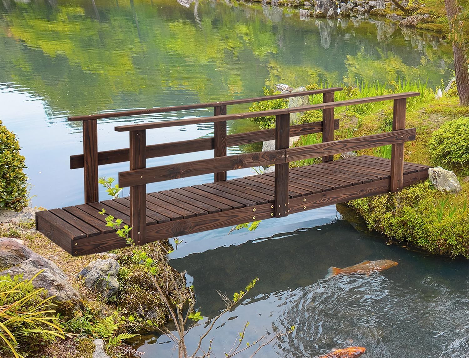 7 ft Pine Wood Garden Bridge with with Safety Rails, Large Wooden Arch Bridge, Decorative Pond Landscaping for Creeks, Streams