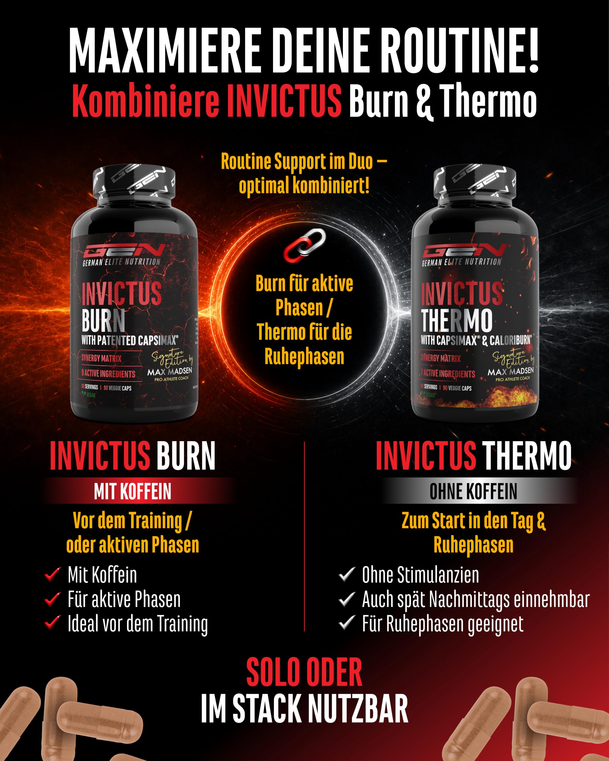 GEN GERMAN ELITE NUTRITION Invictus Thermo vegane Kapseln, 90 Stück | Hochdosierte Thermo Formel, Mit Capsimax® & CaloriBurn®, Grüntee-, Olivenblatt-, Guggul- & Braunalgen-Extrakt, Ohne Koffein