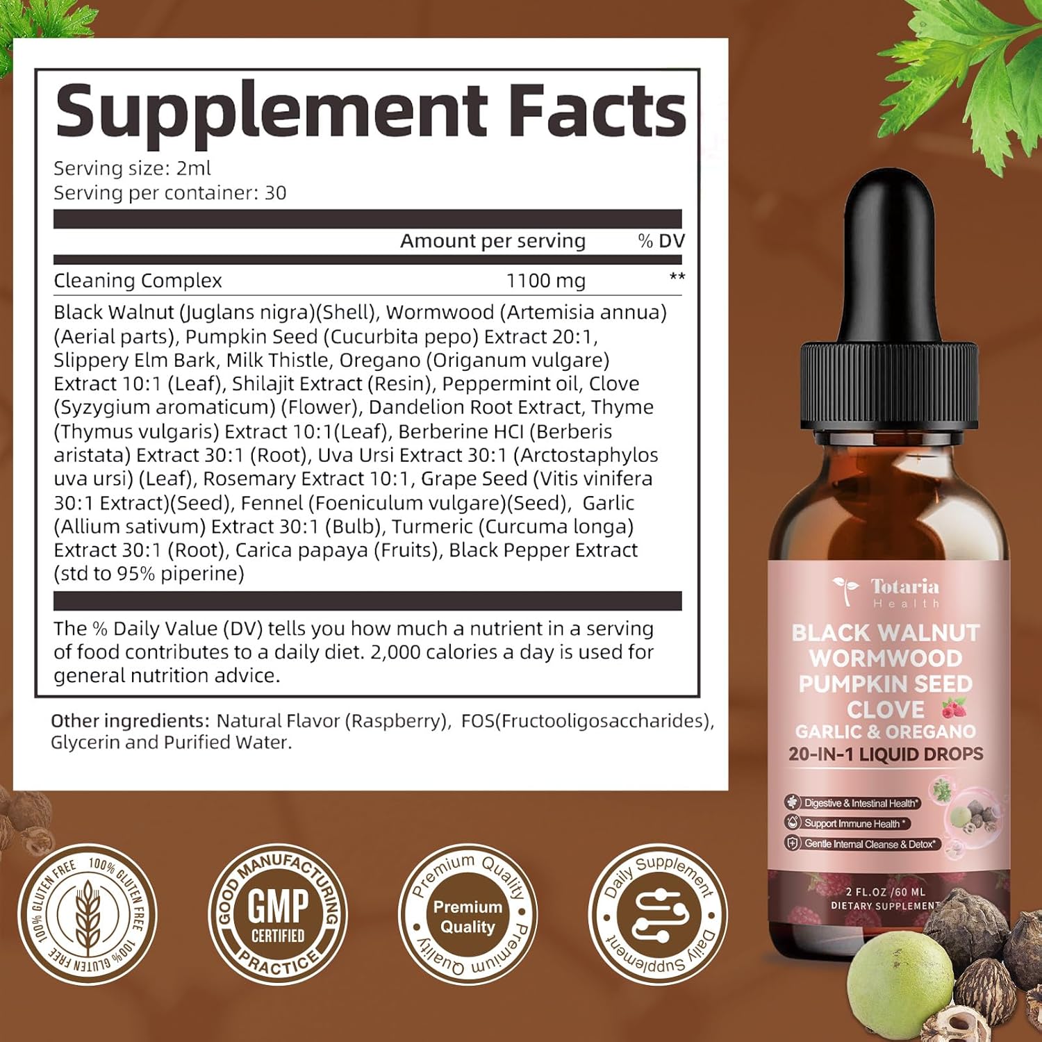 Totaria 20 in 1 Black Walnut Wormwood Tincture - Clove,Pumpkin Seed,Garlic,Oregano,Berberine - Gentle Gut Cleanse & Digestive Health - Alcohol-Free,Gut-Friendly -Raspberry Flavor - 2FL - Image 7