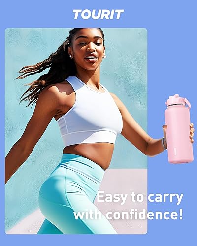 Miniatura 8 de TOURIT Botella de agua aislada de 32 onzas, botella de acero inoxidable con popote, aislamiento al vacío de doble pared para bebidas frías y