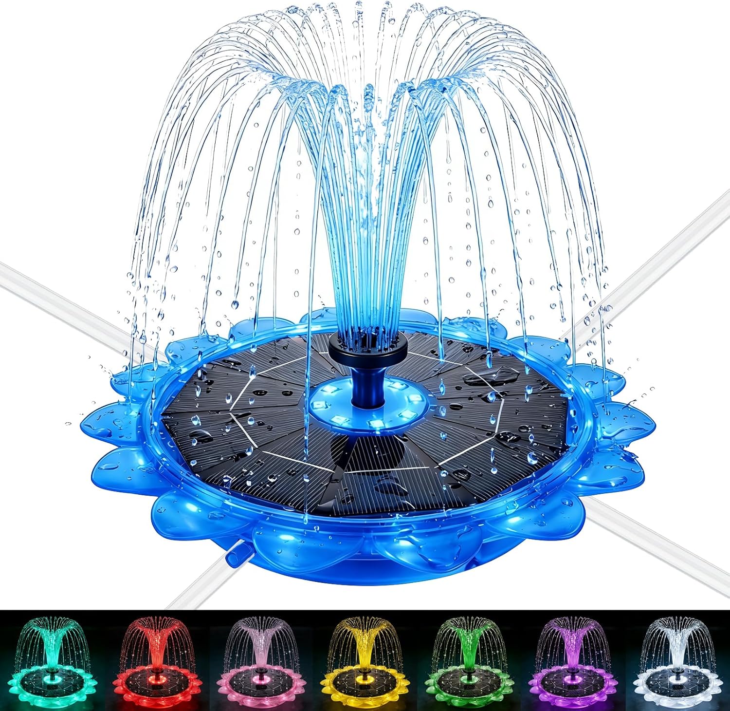 6.3" Solar Bird Bath Fountain with Battery & Color Changing LED Lights – Solar Powered Water Fountain Pump with 5 Nozzles, Anti-Floating Poles for Bird Bath, Garden Pond & Backyard, Flower