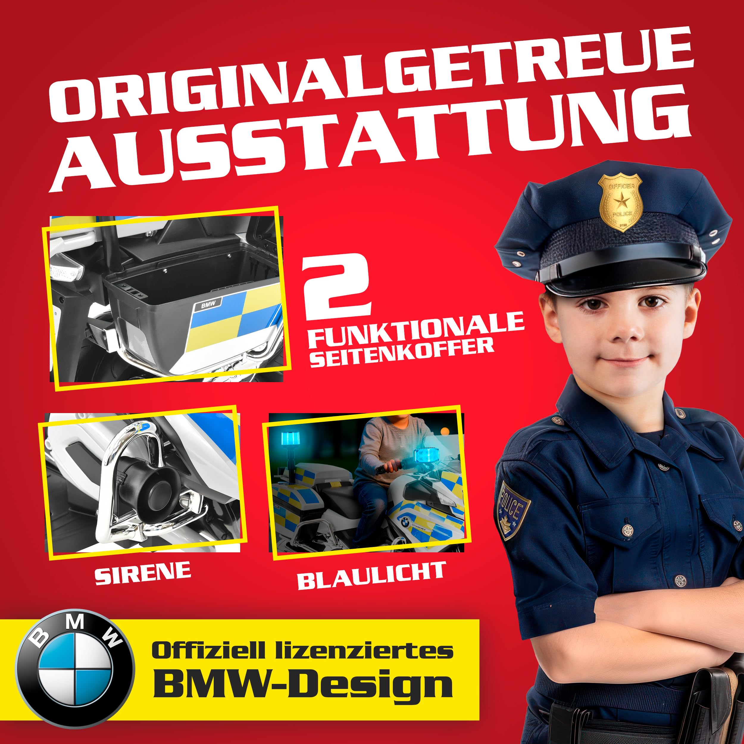 HECHT Polizei Elektro Motorrad BMW Design ab 3 Jahre | 35 W Motor, 3-6 km/h, Blaulicht, Sirene, Radio, Stützräder, 2 Seitenkoffer, Spielzeug bis 30 kg