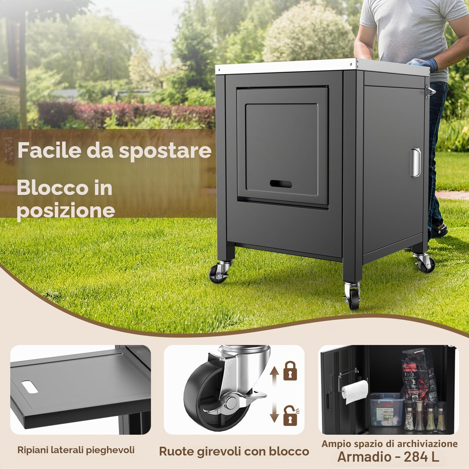 GFTIEM Carrello da cucina per esterni, 140 x 65 x 89 cm, portatile, con 2 tavolini pieghevoli, per forni da pizza, cucina esterna per Ninja Woodfire e Weber serie Q, cucina all'aperto