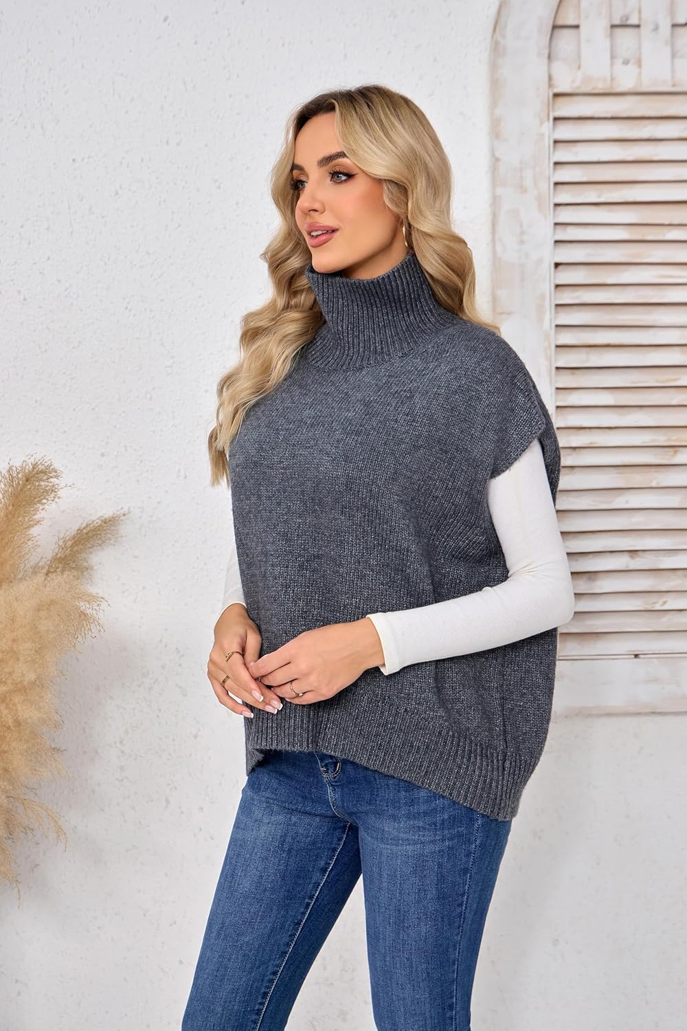 Women's Fall Outfits Sweater Vest Mock Neck Wool Sleeveless Knit Tops Cozy Old Money Pullover Winter Oversized Clothes - Image 2
