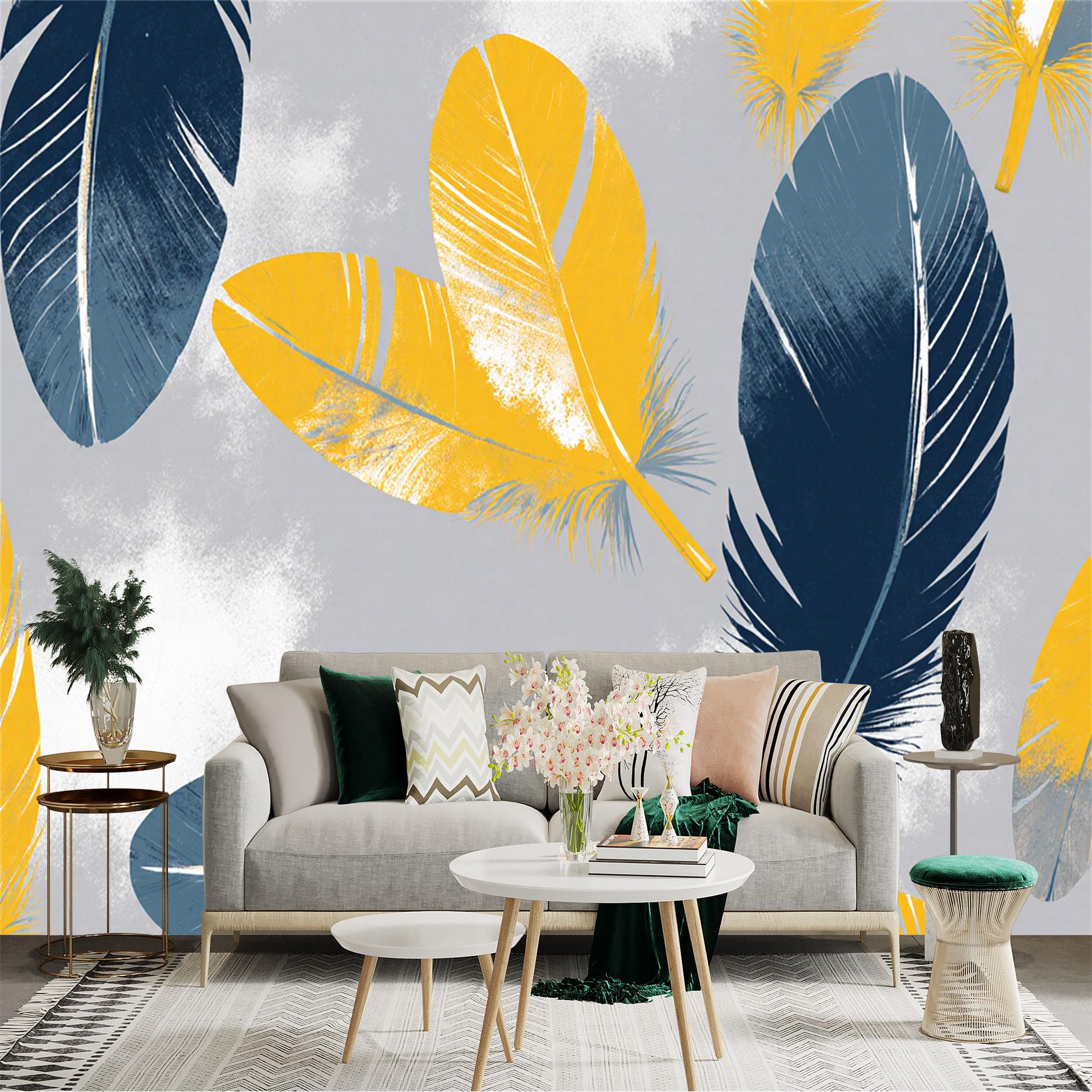 Custom Size Wall Sticker Mural， Modern Abstract Yellow and Dark Blue Feathers， Minimalist Soft Artistic Background， for wall Decoration， peelandstick wall Decals.