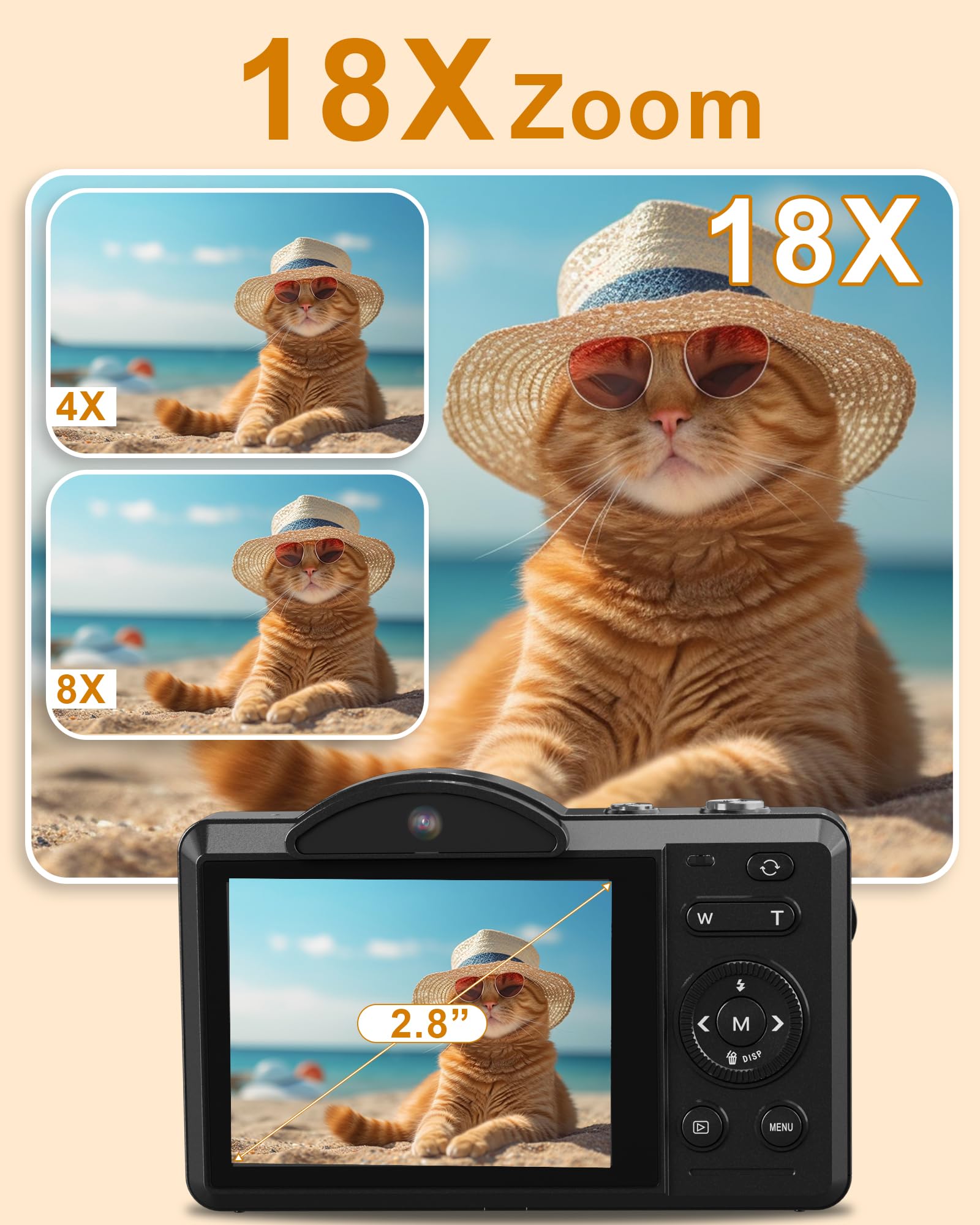5K 80MP Cámara Digital Camara de Fotos para Vlogs con Wi-Fi, Cámara Compacta con Pantalla LCD de 2.8", Autofoco, Zoomdigital 18X, Tarjeta 64GB Incluida, Selfies Cámara para Principiantes Adolescentes