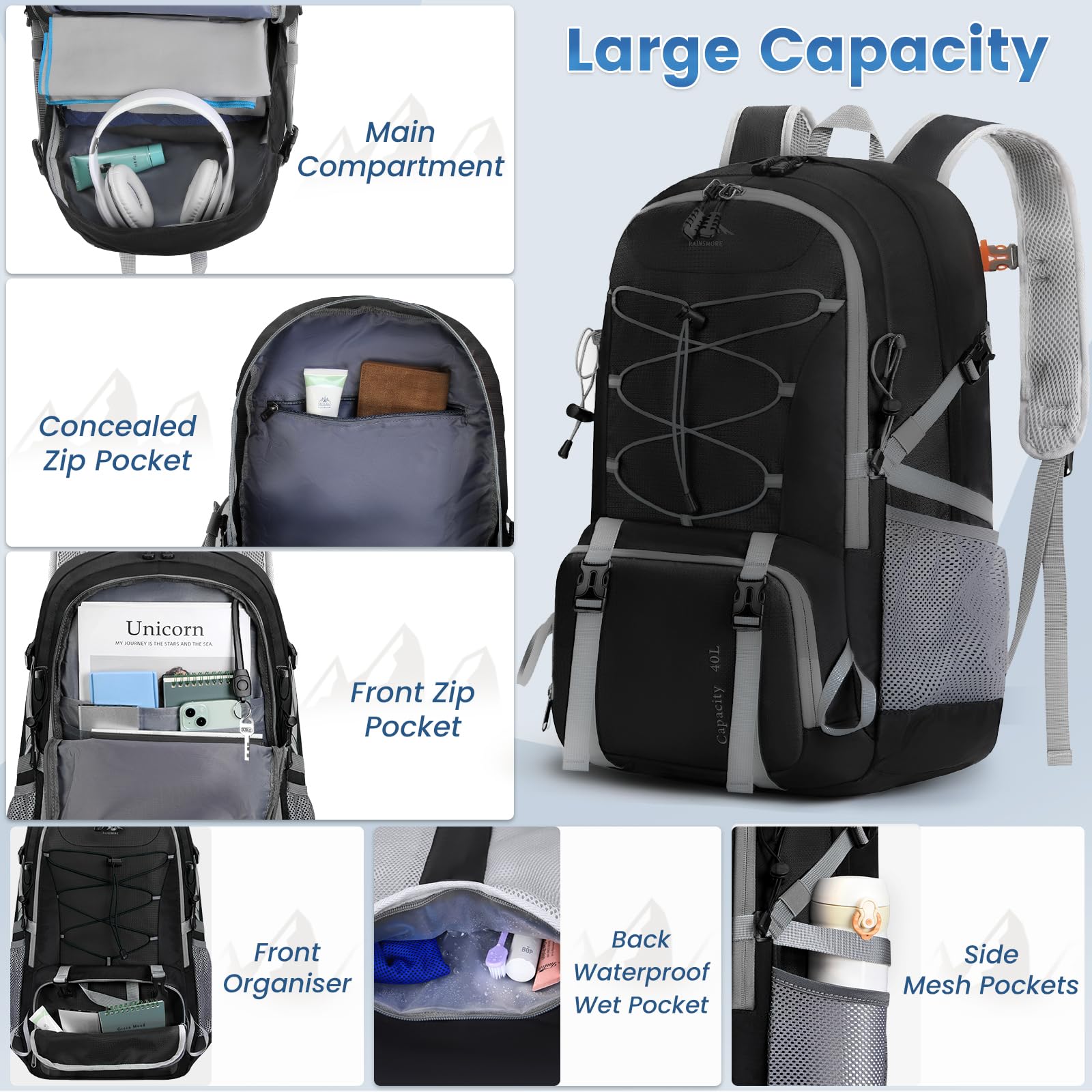 RAINSMORE Zaino Trekking 40 Litri Zaino Pieghevole Impermeabile Zaino Montagna Zaino da Viaggio Uomo e Donna Zaino Escursione per Hiking Campeggio Nero