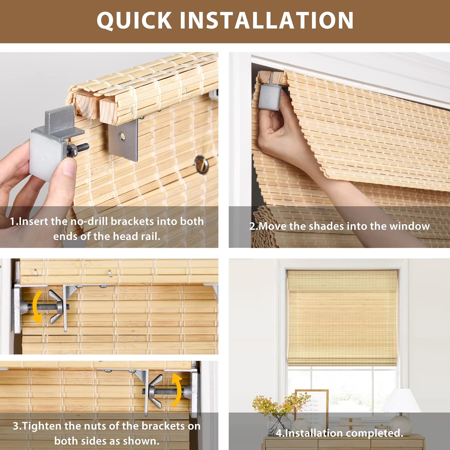 LazBlinds Custom No Tools No Drill Cordless Bamboo Roman Shades, Privacy Light Blocking Window Treatment, Roll Up Retro Bamboo Blinds for Windows, Any Size 20-58 Wide and 23-93 High, DP-Driftwood