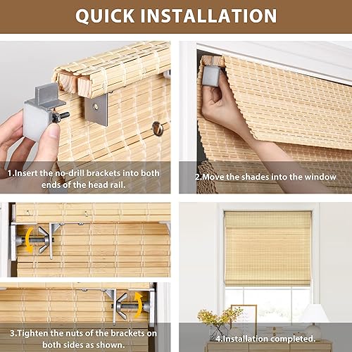 Miniatura 4 de LazBlinds Persianas romanas de bambú inalámbricas sin herramientas, sin taladro, tratamiento de ventana para filtrar la luz, persianas de bambú