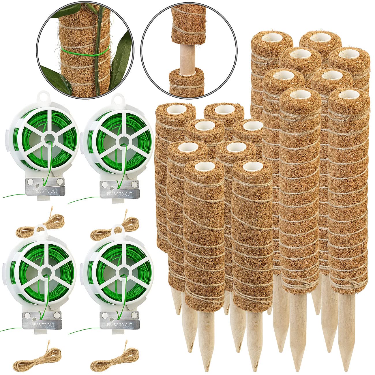Royal Gardineer Pflanzstäbe Monstera: 16er-Set Rankhilfen aus Kokosfaser & Holz, 2x40 cm, 2x30 cm,Juteschnur (Rankhilfe Pflanzstab, Rankhilfen Zimmerpflanzen, Wein)
