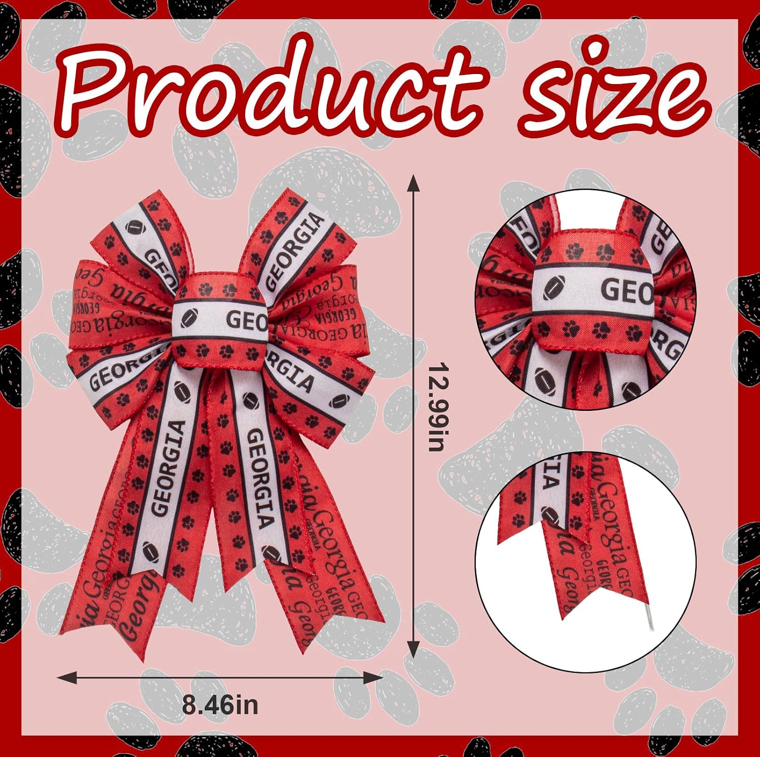 Threetols 2 Pack Georgia Football Wreath Bows, Dog Paw Bows for Wreath White Red Football Decoration Bow for Indoor Outdoor Holiday Sport Party Decor