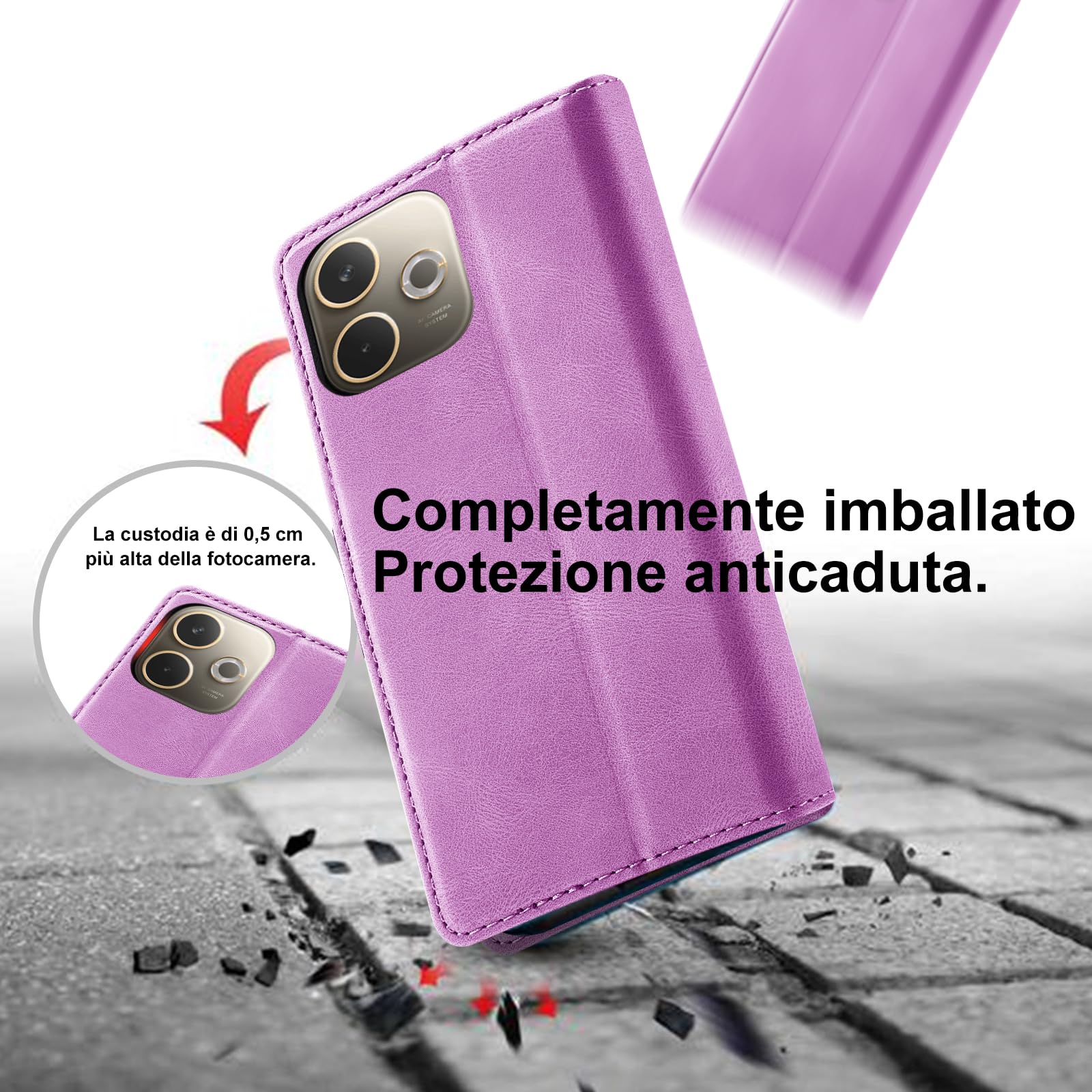 Giyer Cover per OPPO A5 Pro Custodia con Vetro Temperato, Premium Pelle PU Portafoglio Slot per Scheda RFID Antifurto Funzione Supporto Flip Case, Antiurto per OPPO A5 Pro 5G Cover (Viola)