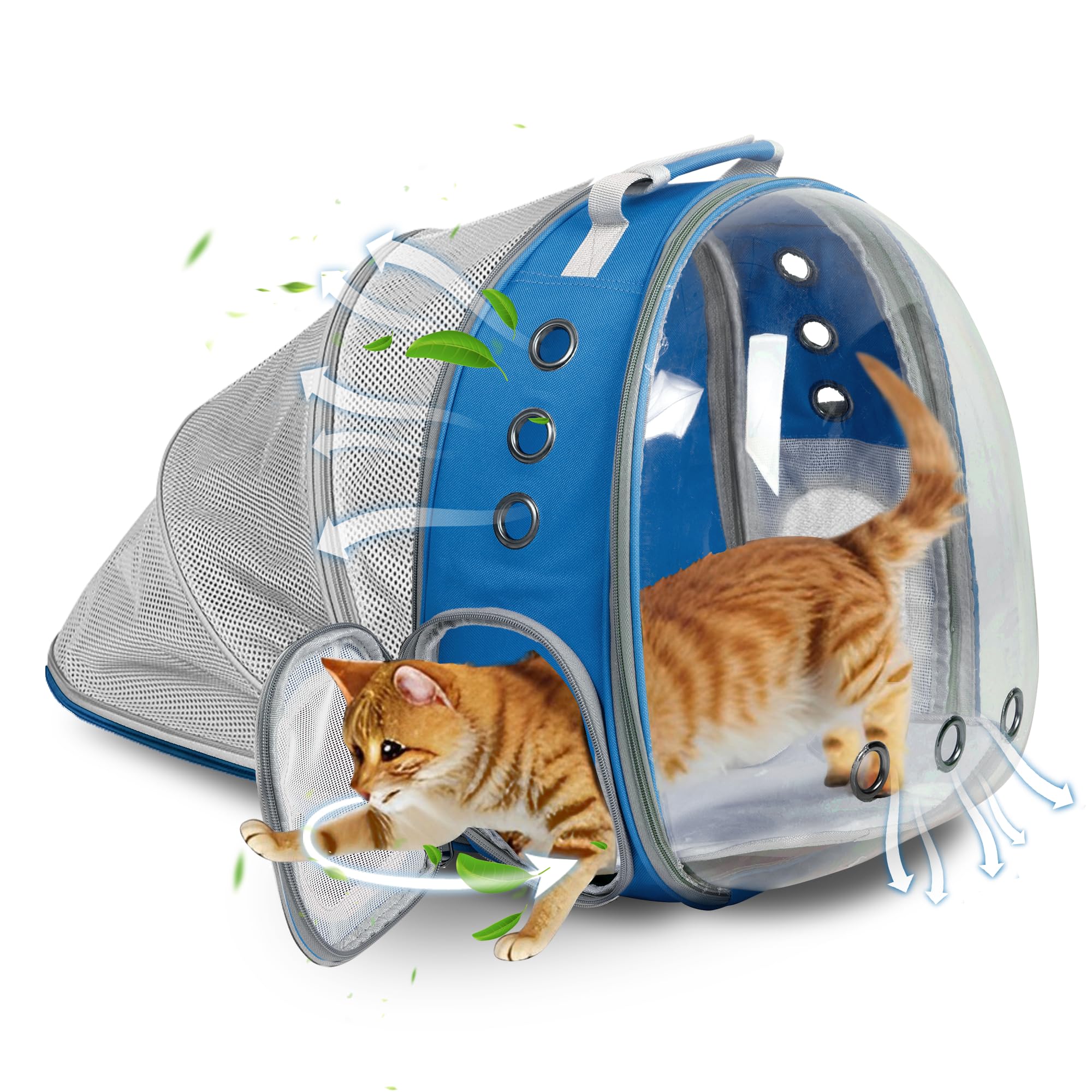 Cat Backpack Carrier Back Expandable Bubble Pet Carrier Backpack for Large Cat, Kitten and Dog, Designed for Hiking, Travelling and Outdoor Use (Back Expandable-Blue)