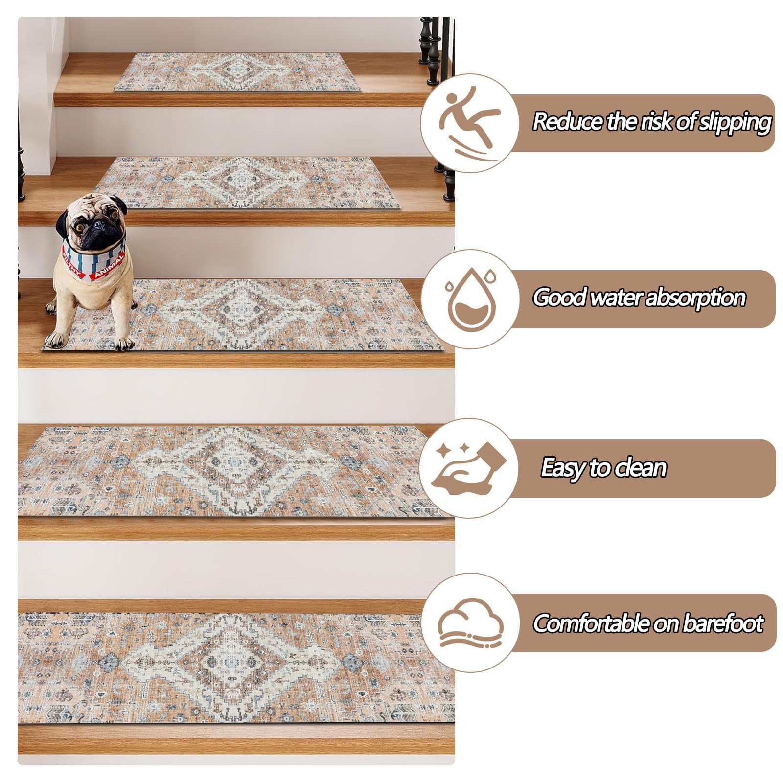 Homcomodar 15PCS Tapis Escalier Antidérapant 76x20cm Vintage Tapis de Marchettes d'Escalier Lavable Tapis d'Escalier Intérieur Para Animaux de Compagnie des Enfants Orange