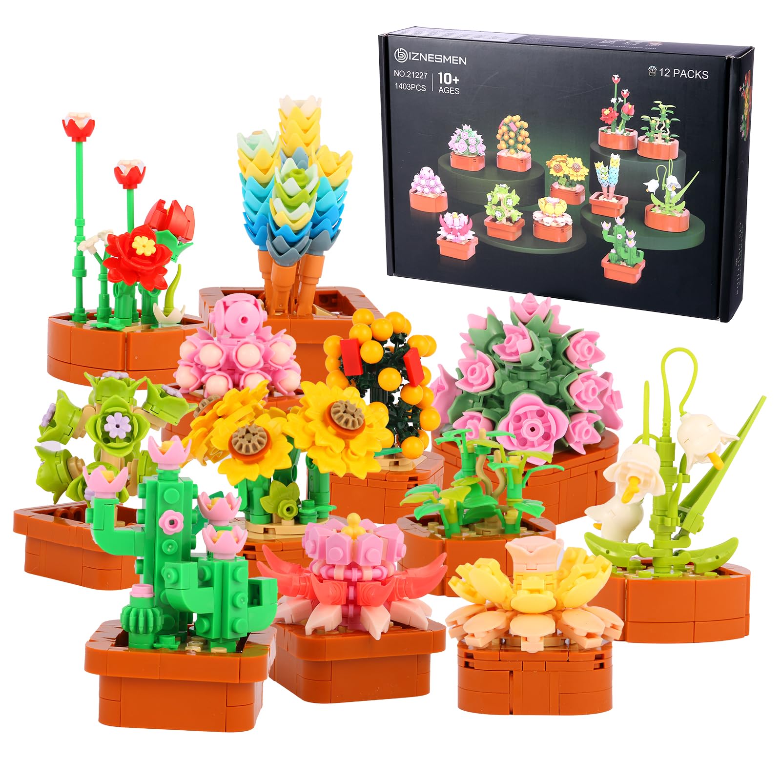 BIZNESMEN 1403 PCS 3.6mm Mini Succulent Flower Building Blocks Set - 12 Pack Creative Botanical Toys for Home Decor｜Valentine's Day Gift for Her,