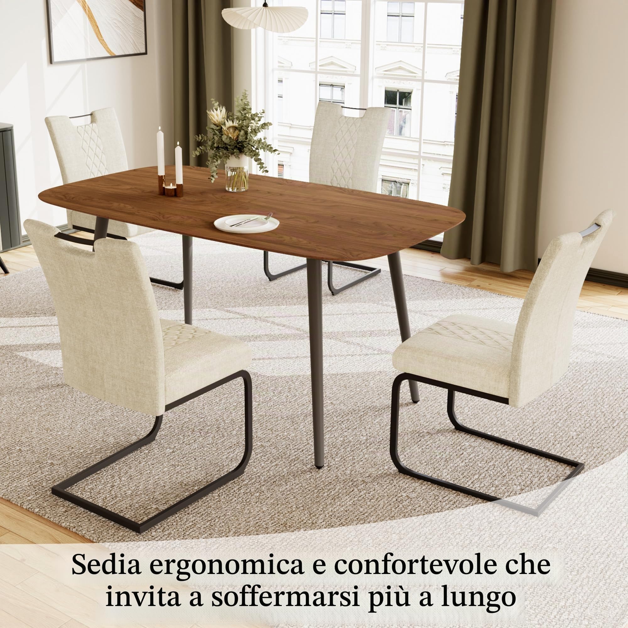 JIEXI Set di 4 sedie da sala da pranzo, con rivestimento in tessuto, schienale trapuntato e struttura in metallo, sedia da cucina/sala da pranzo moderna, comoda e stabile (4 sedie beige)