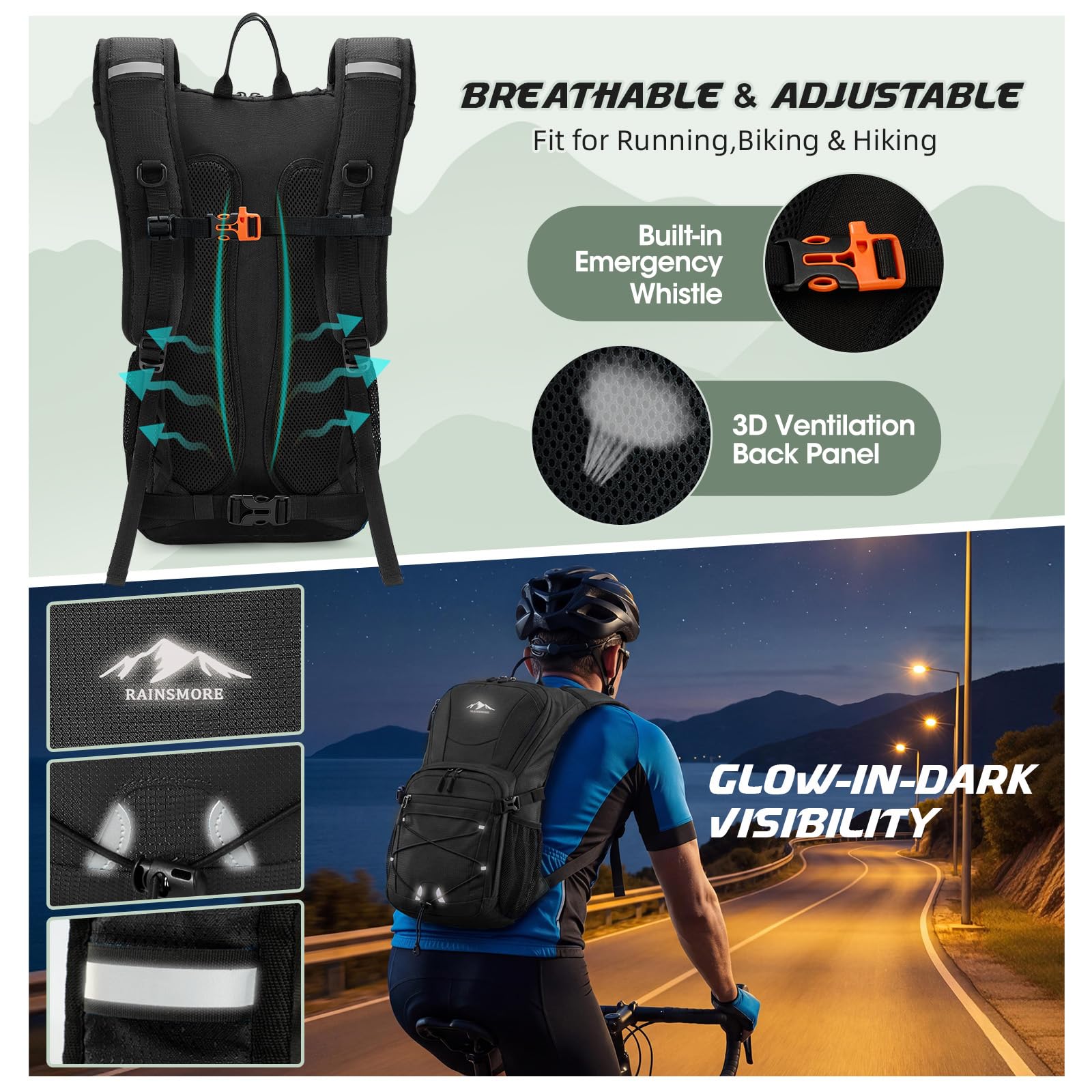 RAINSMORE Trinkrucksack mit 2L Trinkblase Leichter Wanderrucksack Rucksack mit Trinksystem für Herren Damen Fahrradrucksack Laufrucksack Hydration Rucksack zum Klettern Biken Bergsteigen