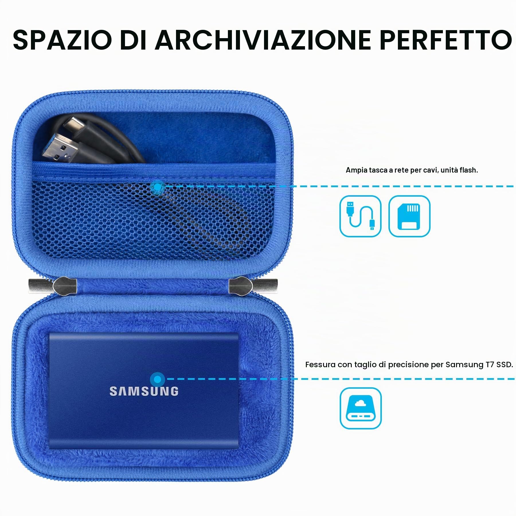 Lacdo Custodia Hard Disk Esterno per Samsung T7 / T7 Touch Portable SSD, External Solid State Drives 500GB 1TB 2TB 4TB USB 3.2 Gen 2 Custodia Rigida Impermeabile Protettiva Borsa, Blu