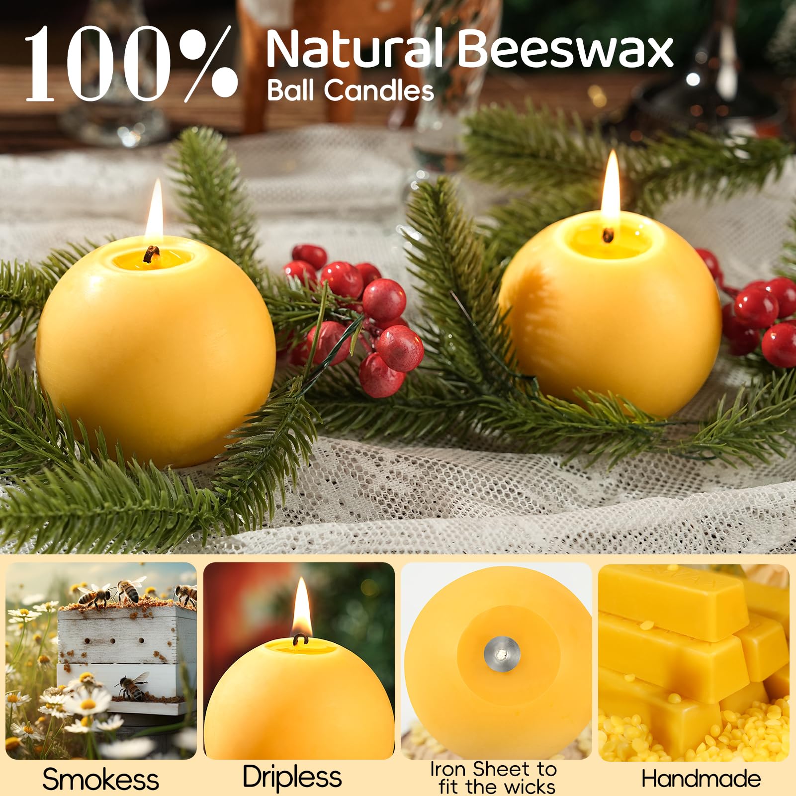 2 candele cilindriche a sfera in cera d'api, 7,6 cm, candele rotonde in cera d'api naturale, 60 ore, non tossiche, per emergenze, feste di Natale, matrimoni, casa