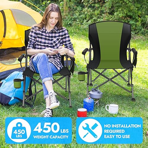 Miniatura 4 de Paquete de 2 sillas de camping plegables de gran tamaño para adultos, soporta sillas de campamento de 450 libras, silla de campamento resistente con